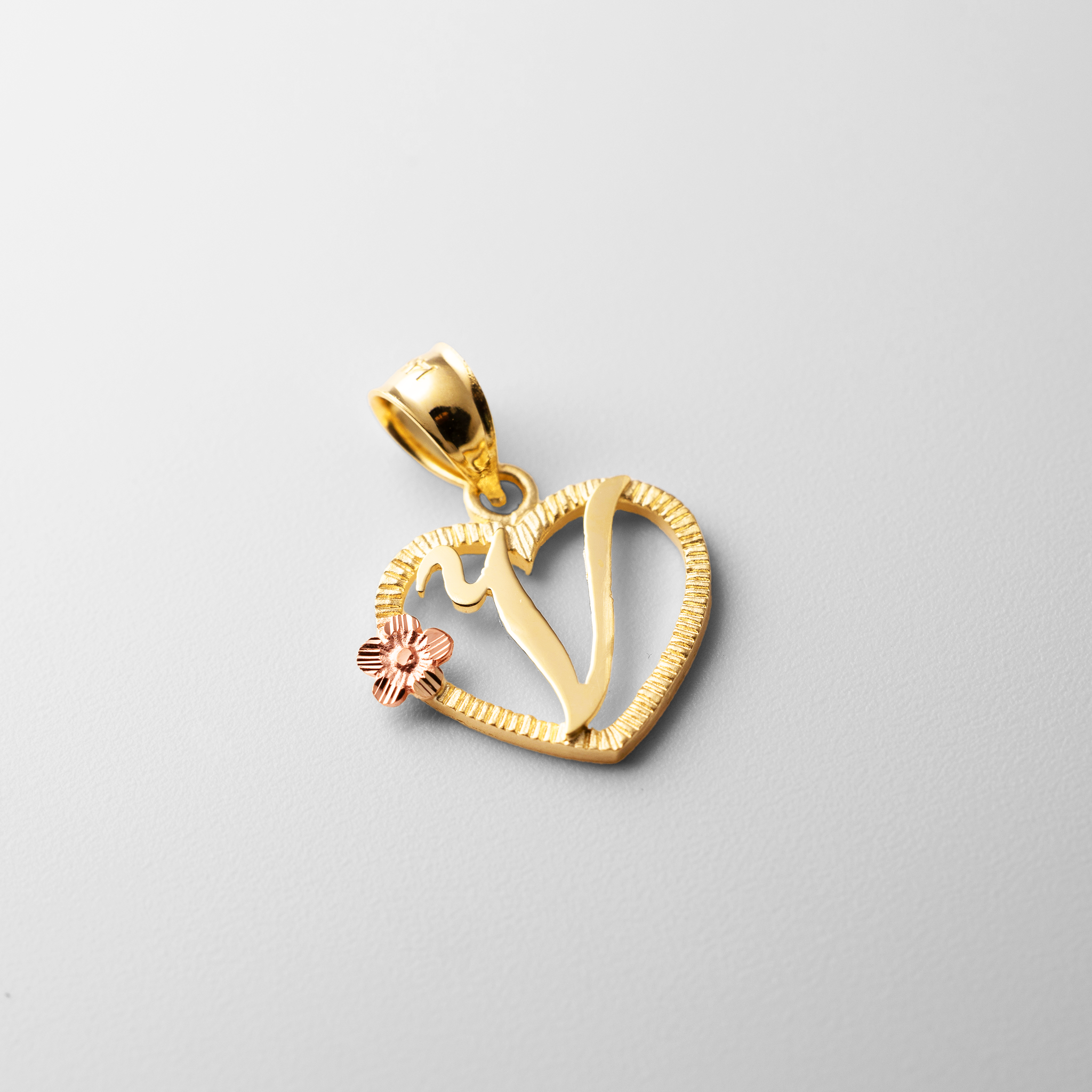 Gold Script Letter 'V' Heart Charm with Floral Accent