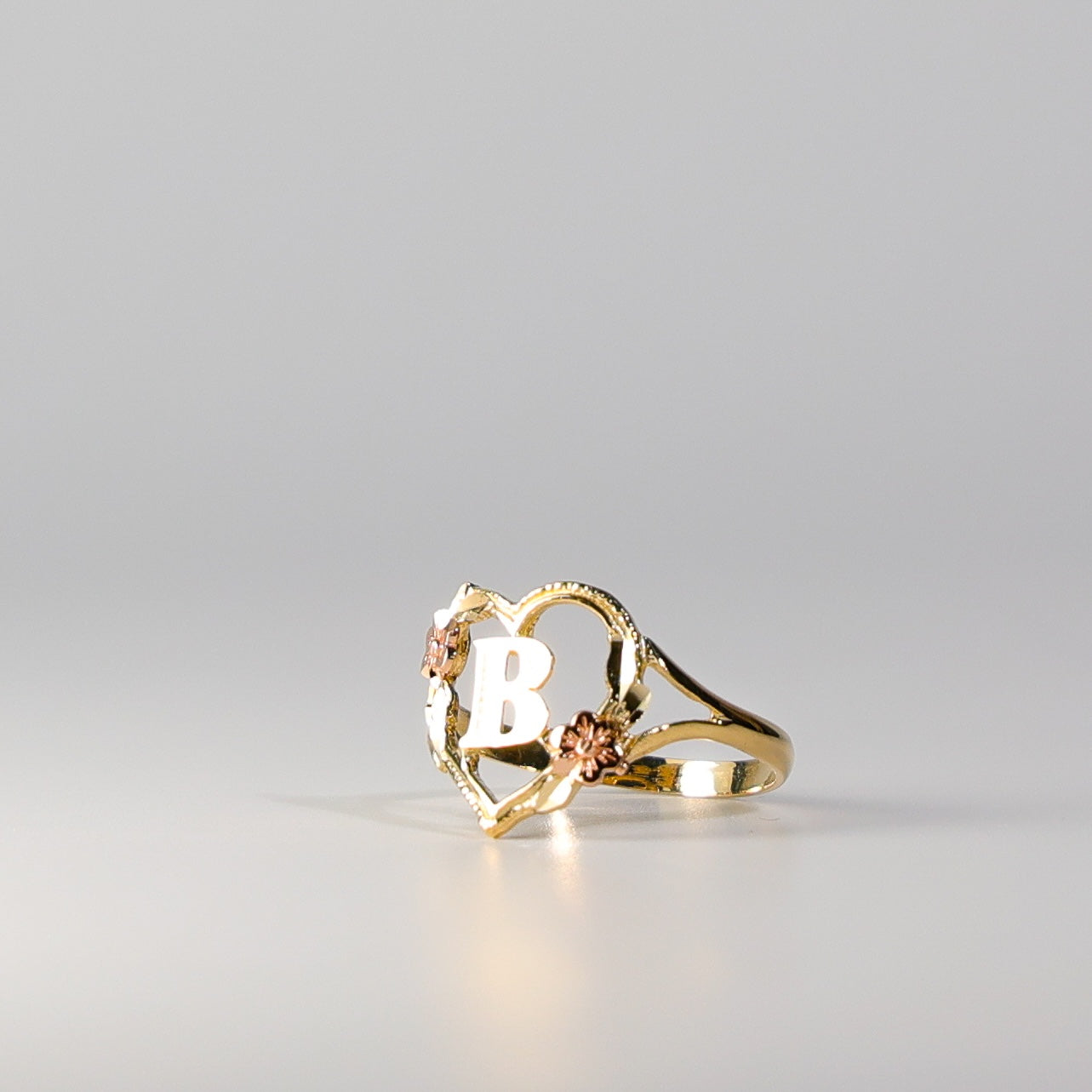 14K Gold Heart & Rose Initial "B" Ring