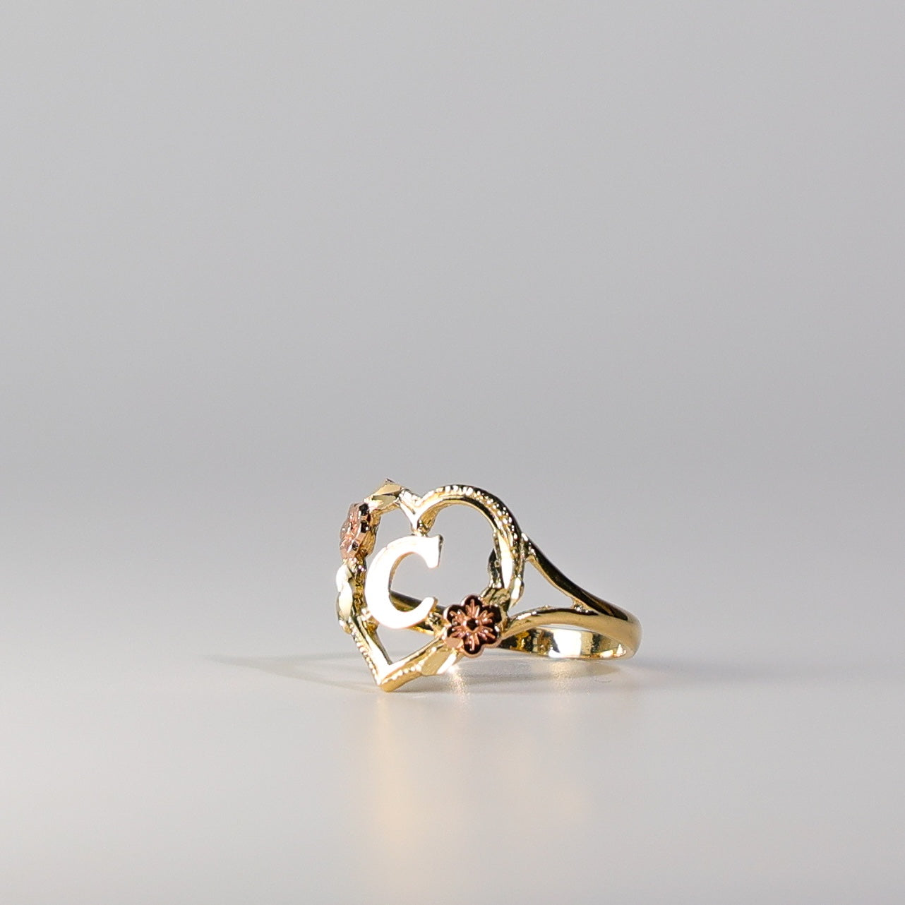 14K Gold Heart & Rose Initial "C" Ring