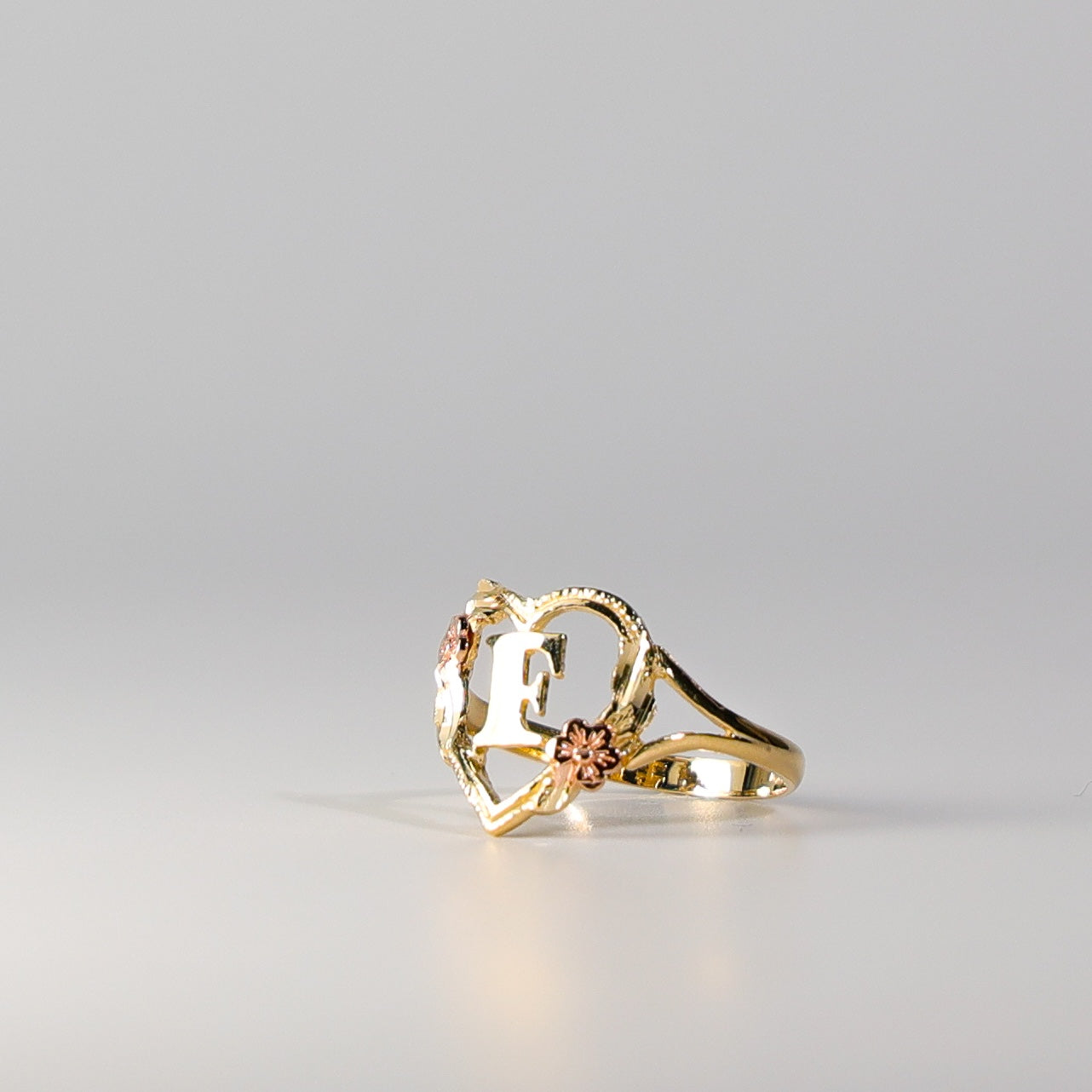 14K Gold Heart & Rose Initial "F" Ring