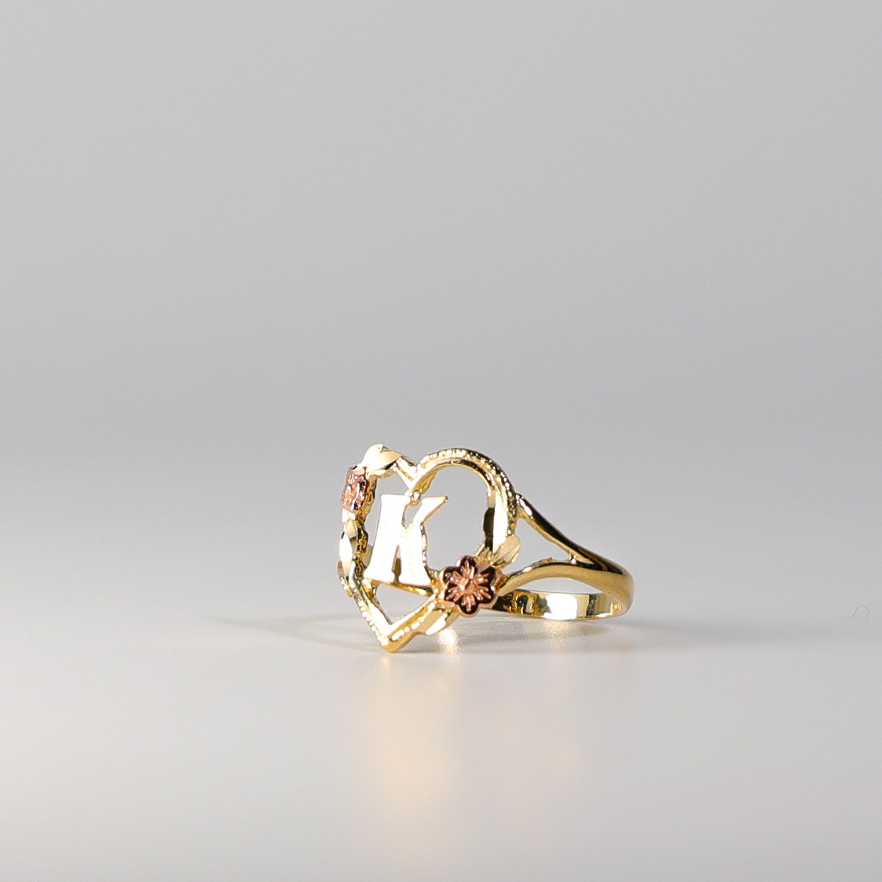 14K Gold Heart & Rose Initial "K" Ring