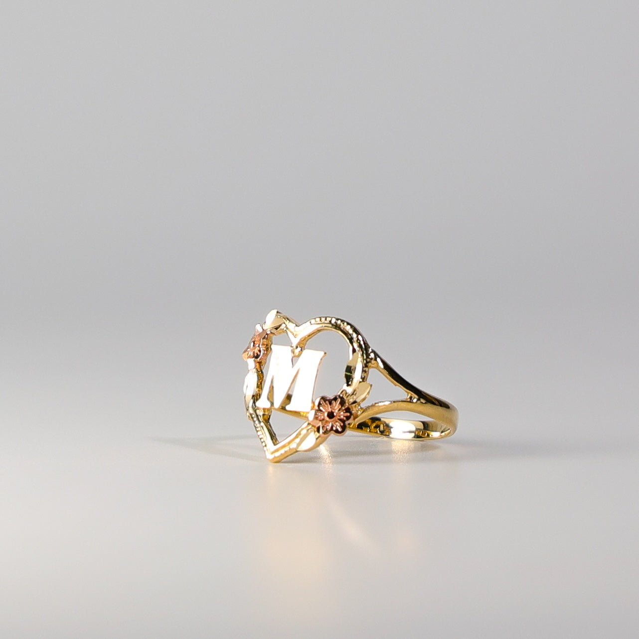 14K Gold Heart & Rose Initial "M" Ring