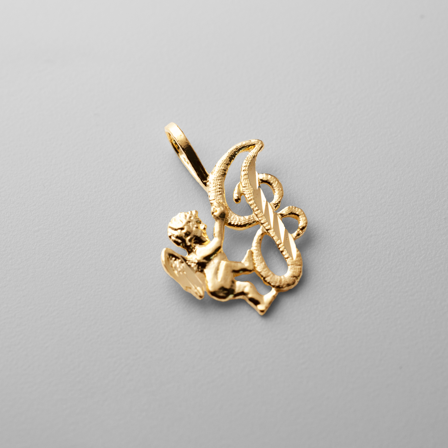 Gold Script Letter J Pendant with Cherub Angel | A-Z Pendants - Charlie & Co. Jewelry