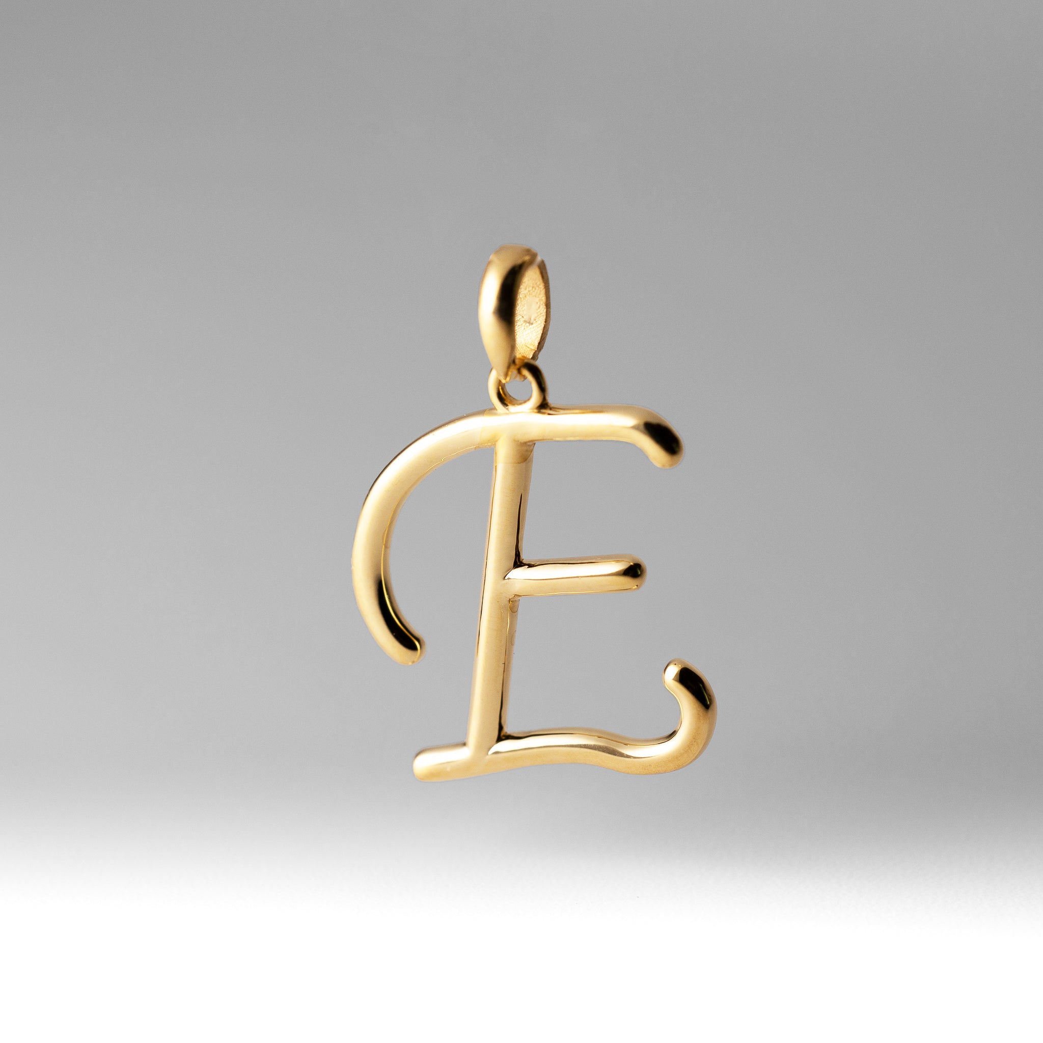 14K Gold Modern Cursive 'E' Large Pendant - Main Image