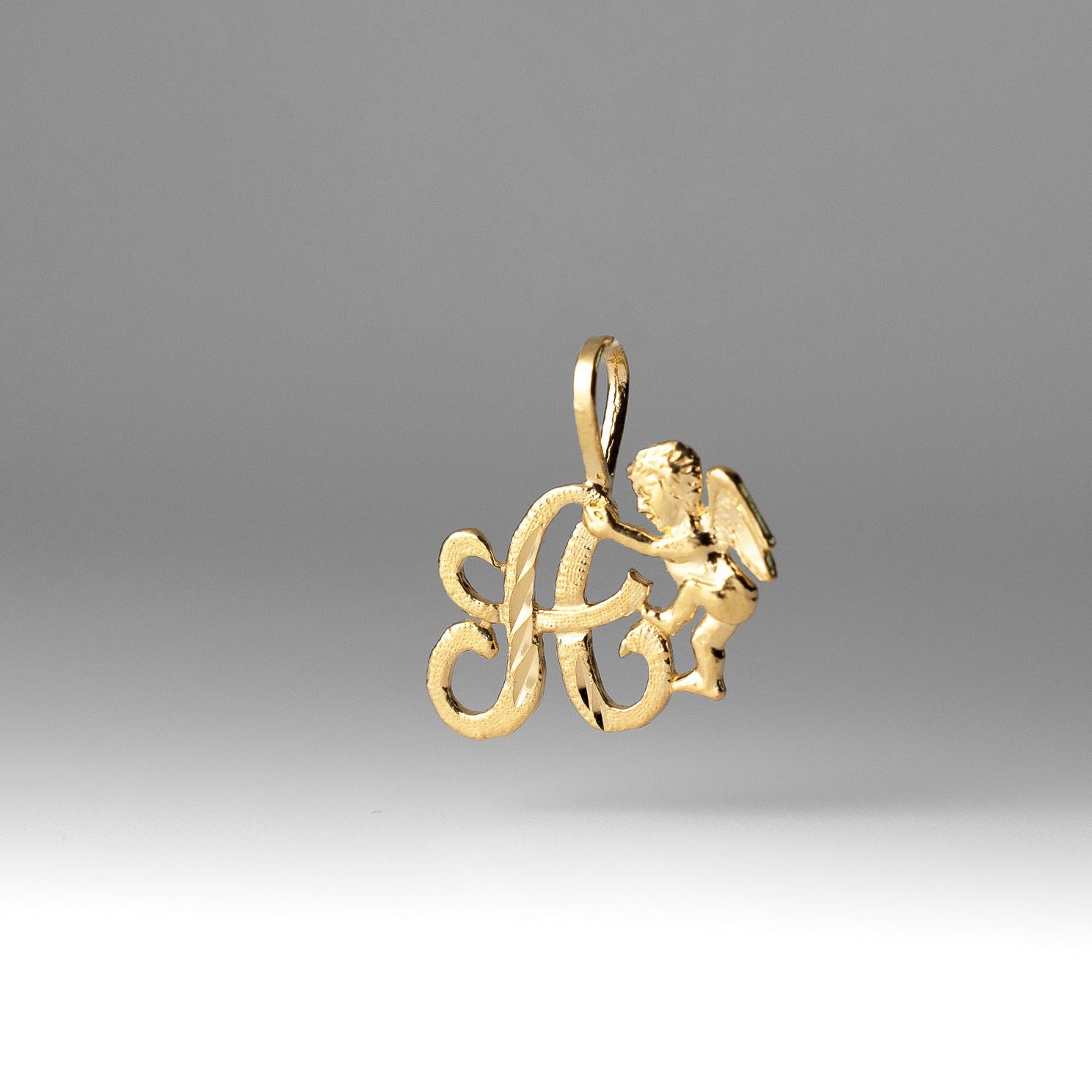 Gold Script Letter A Pendant with Cherub Angel | A-Z Pendants - Charlie & Co. Jewelry