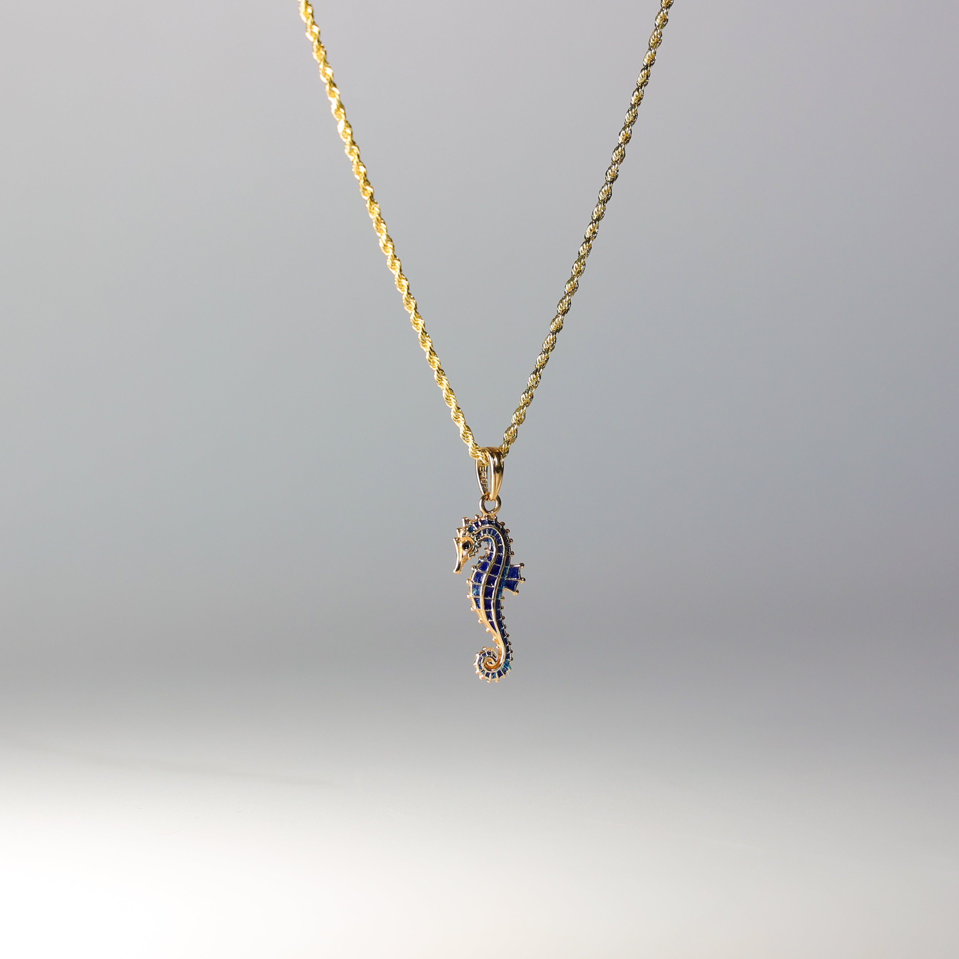 14K Gold 3D Blue Enameled Seahorse Pendant - Charlie & Co. Jewelry