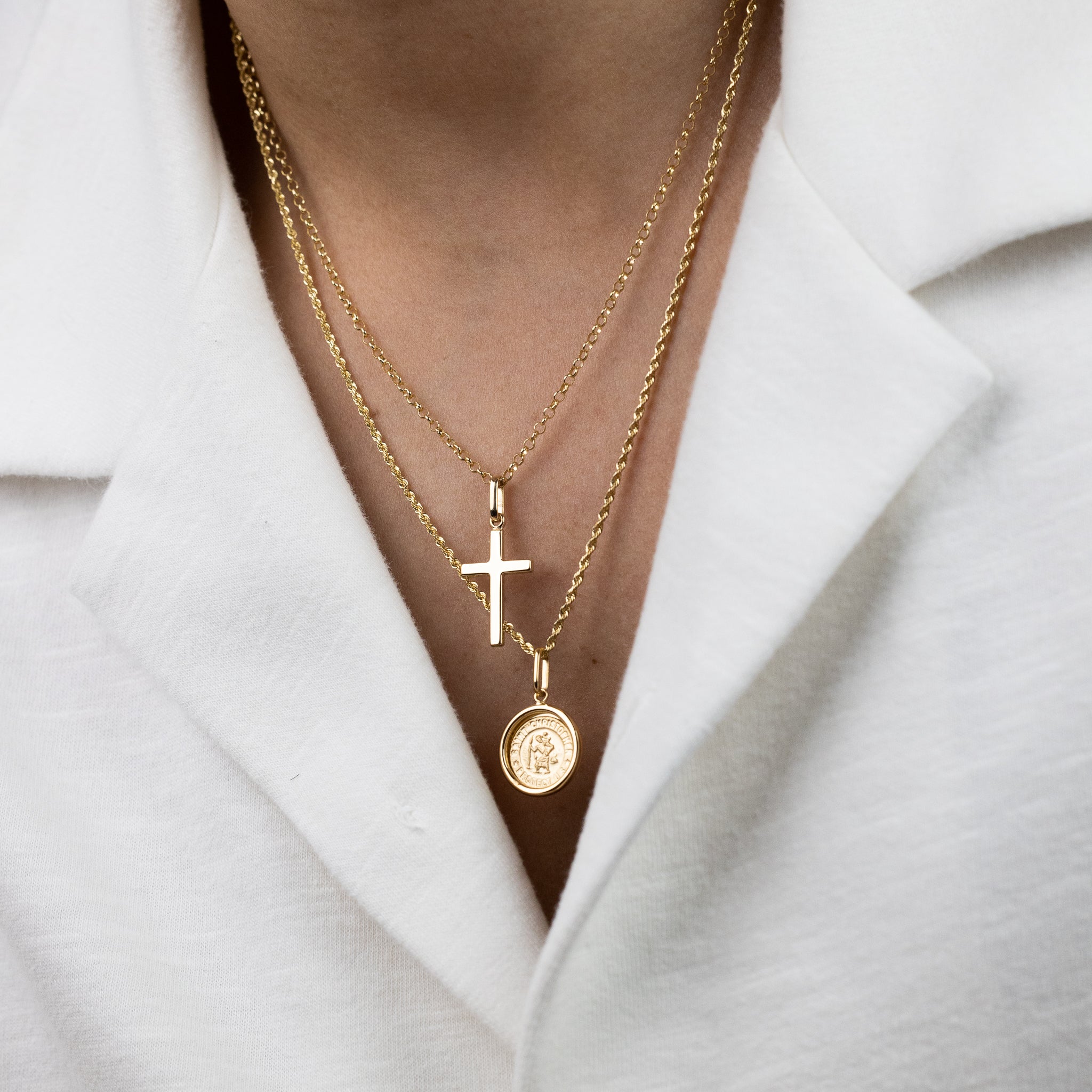 Classic Cross & St. Christopher Gold Medal Pendant Duo