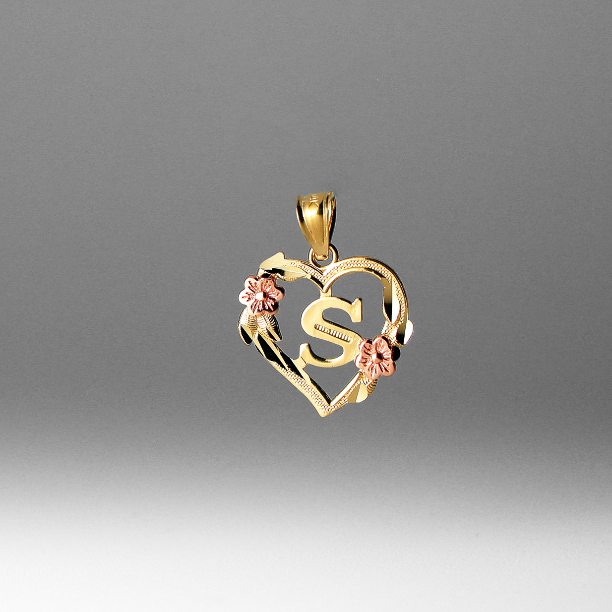 Gold Heart Letter S Pendant with Flowers | A-Z Pendants - Charlie & Co. Jewelry