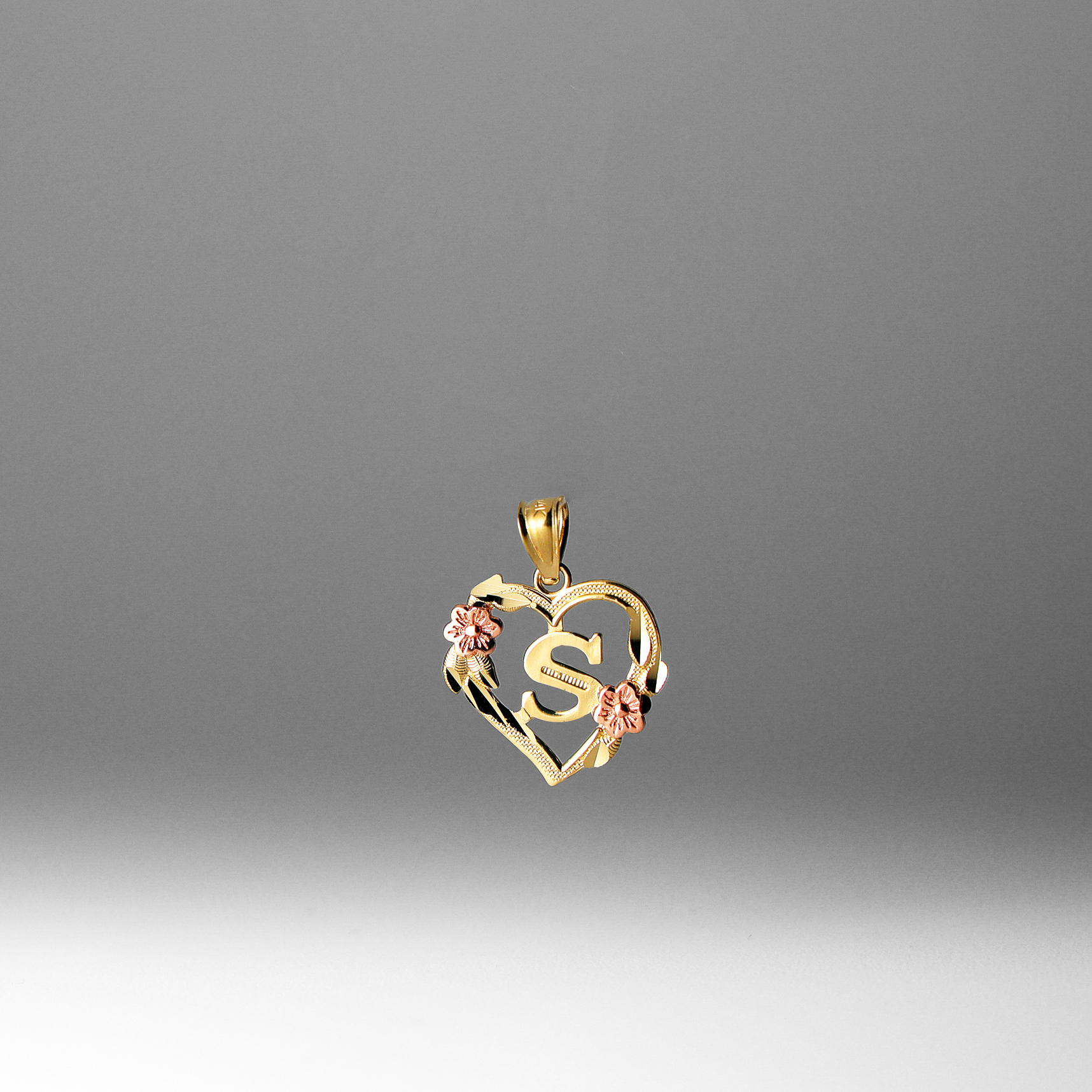 14K Gold Heart Letter S Pendant with Flowers A-Z Pendants