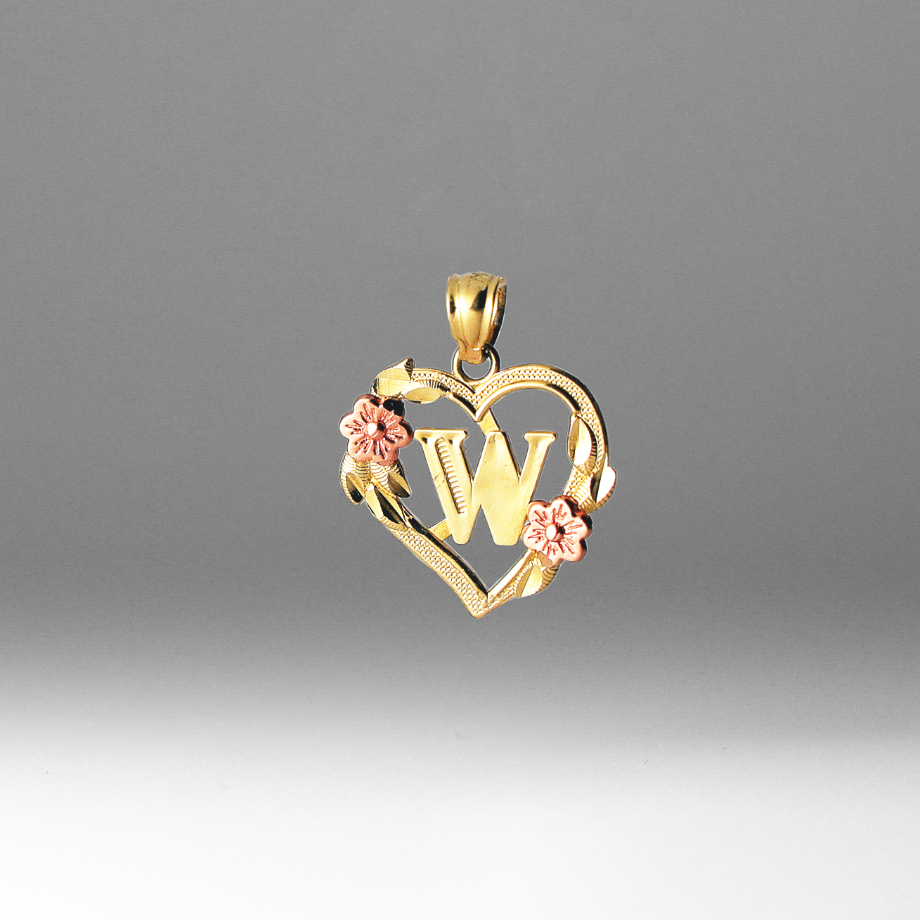 Gold Heart Letter W Pendant with Flowers | A-Z Pendants - Charlie & Co. Jewelry