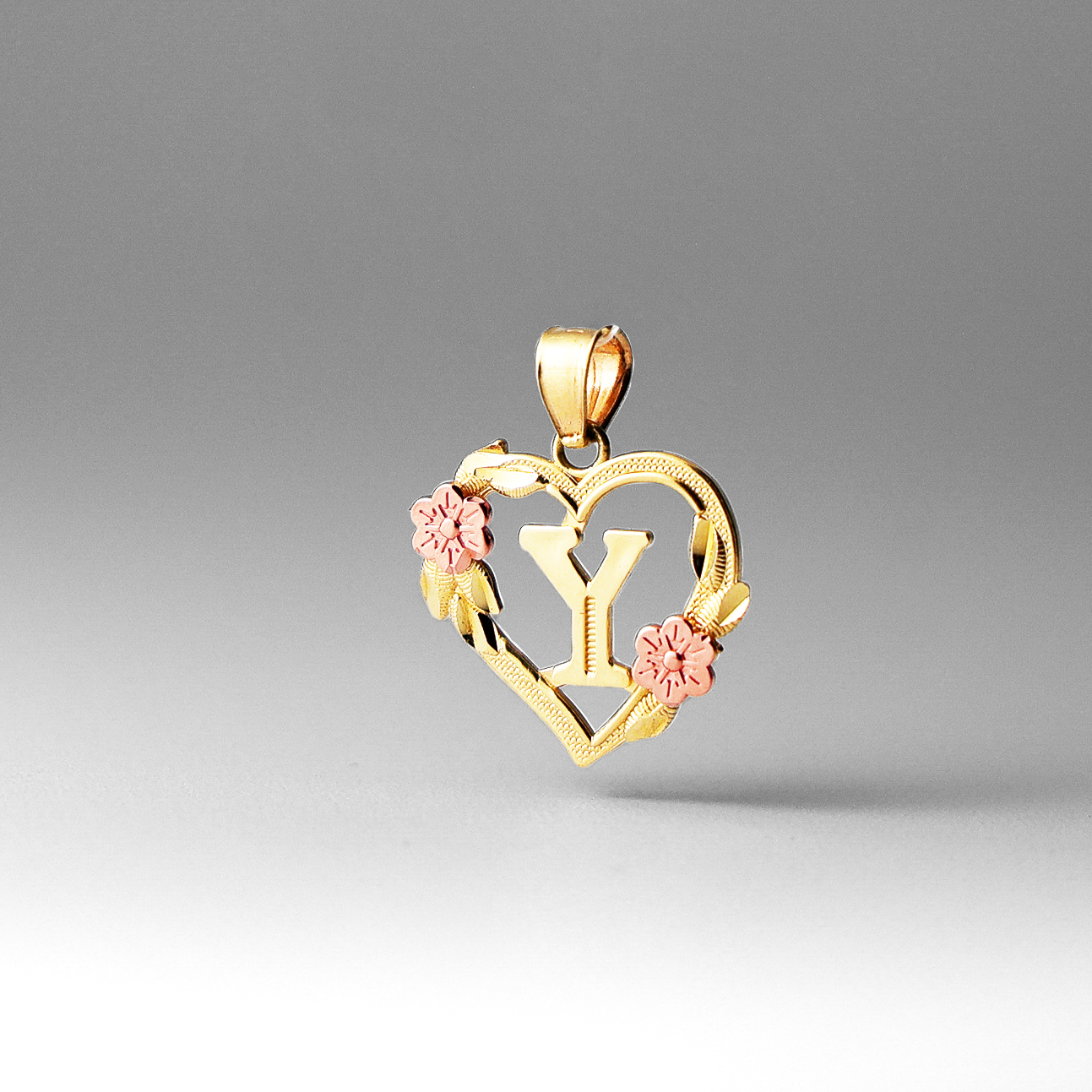 Gold Heart Letter Y Pendant with Flowers | A-Z Pendants - Charlie & Co. Jewelry