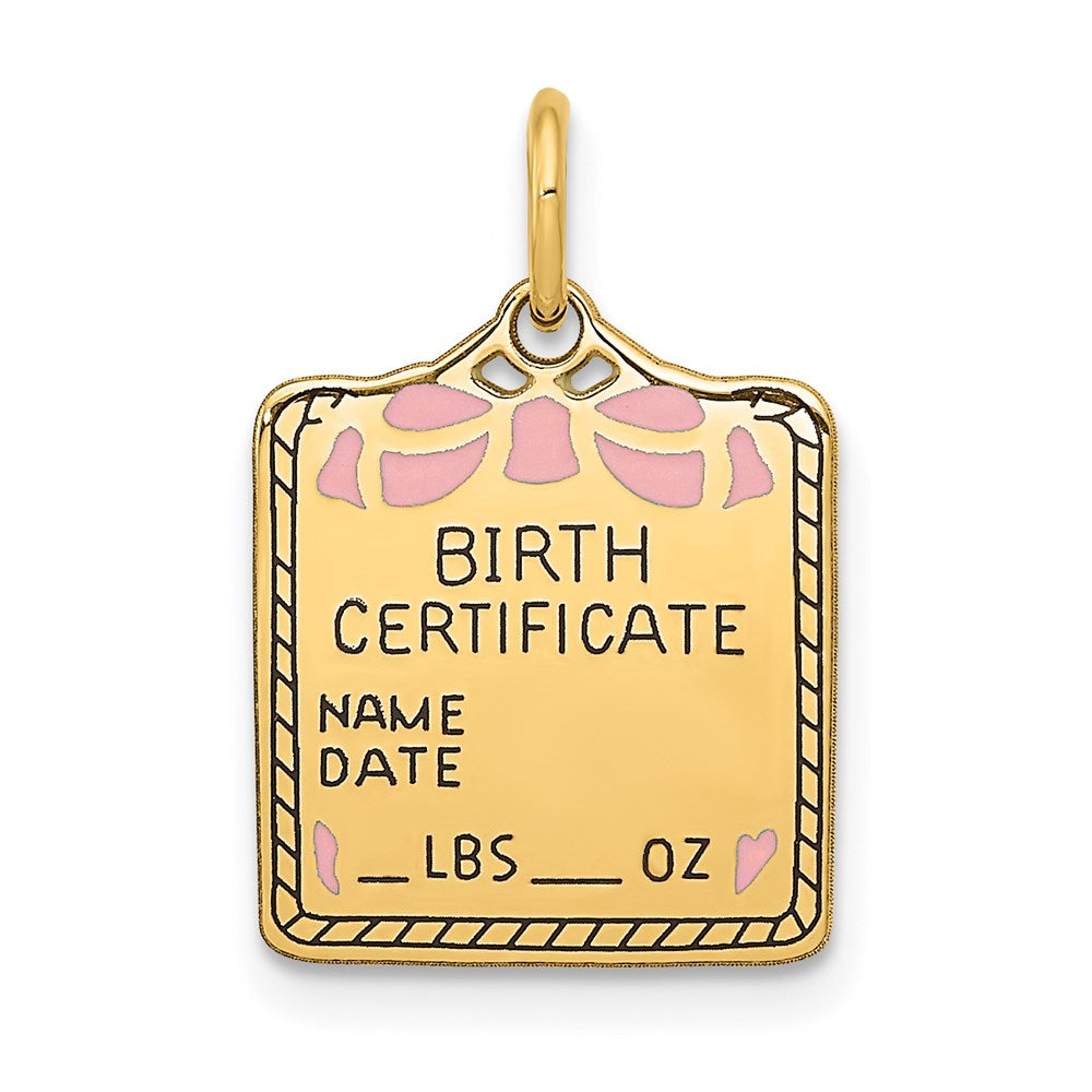 Charlie & Co Jewelry | 14k Enameled Pink Engravable Birth Certificate Charm - Model A0363/P