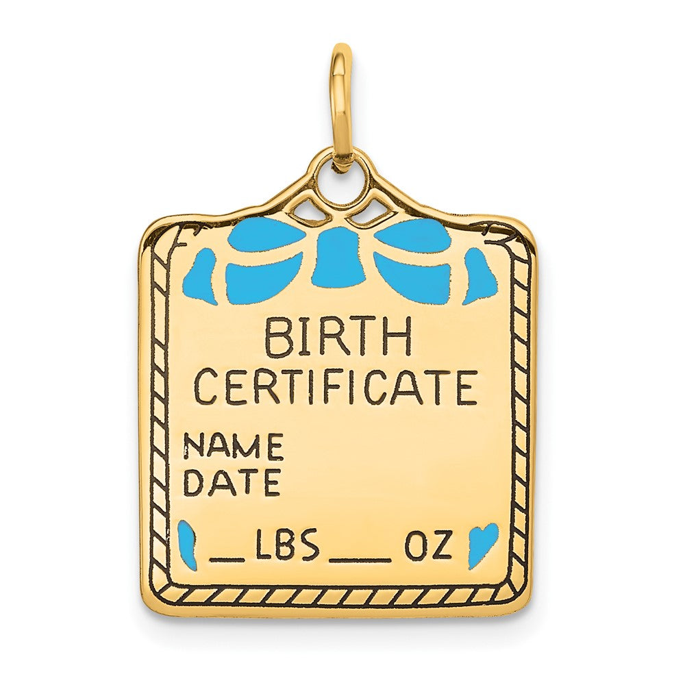 Charlie & Co Jewelry | 14k Enameled Blue Engravable Birth Certificate Charm - Model A0364/B
