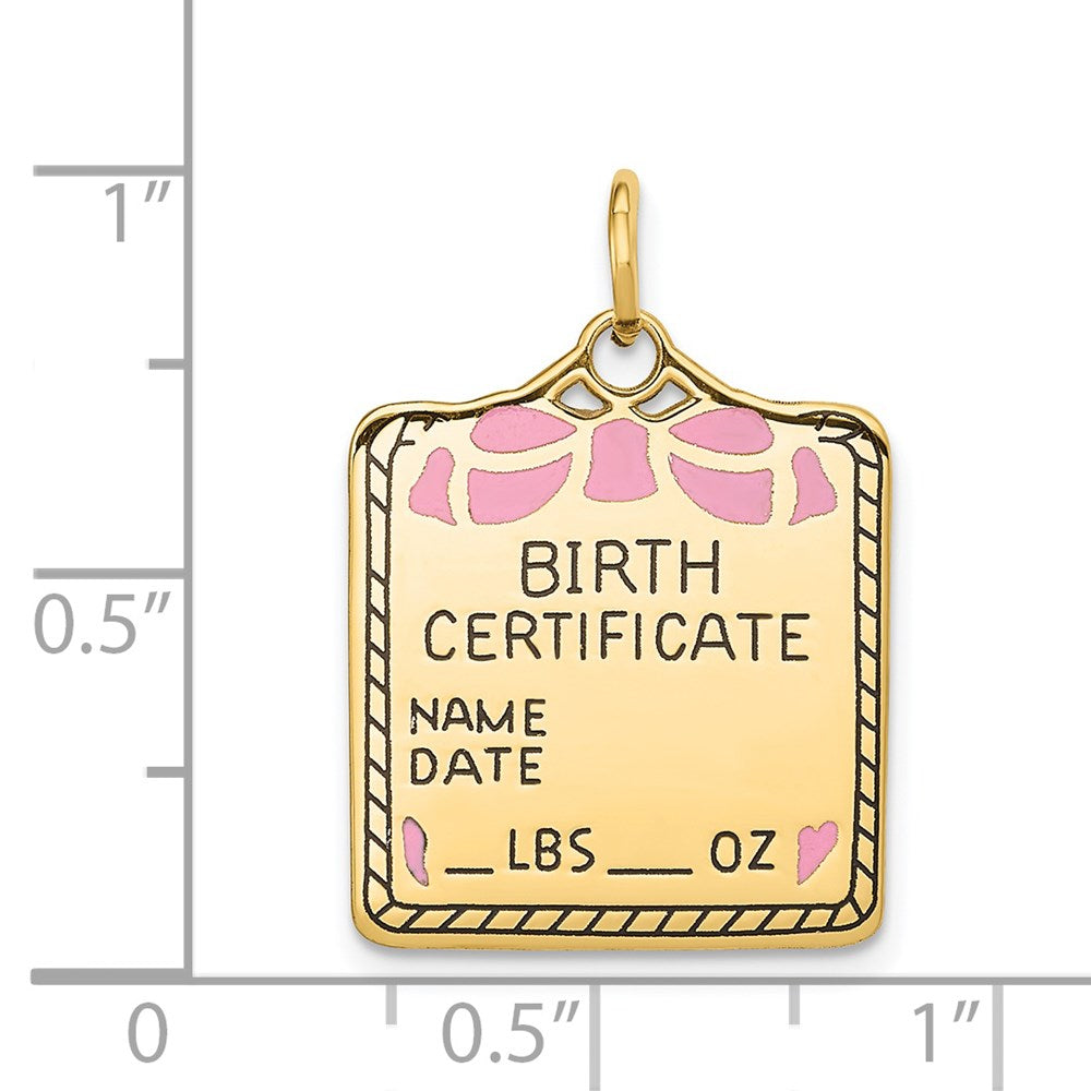 Charlie & Co Jewelry | 14k Enameled Pink Engravable Birth Certificate Charm - Model A0364/P