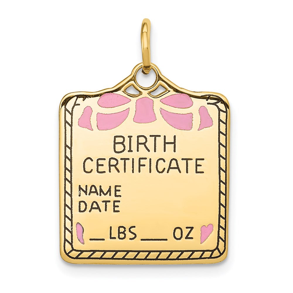 Charlie & Co Jewelry | 14k Enameled Pink Engravable Birth Certificate Charm - Model A0364/P