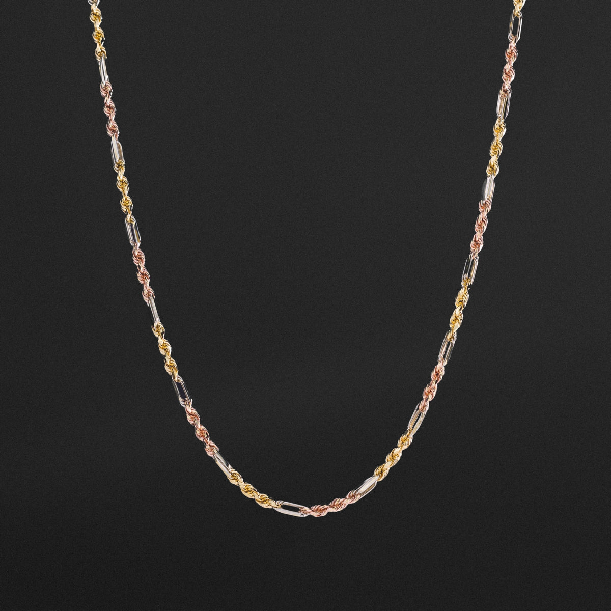 14k Gold 3mm Tri-Color Hollow Figaro Rope Chain - Model CH-0606