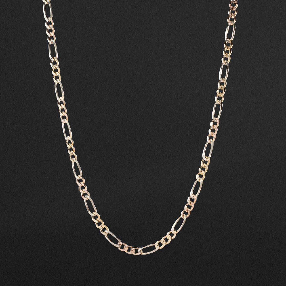 14k Gold 5.5mm Three-Tone Concave Figaro Chain - Model CH-0359 - Charlie & Co. Jewelry