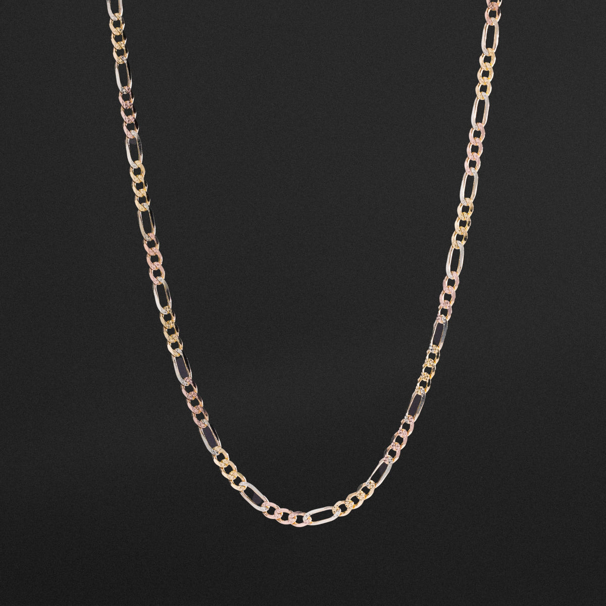14k Gold 4.6mm Three-Tone Concave Figaro Chain - Model CH-0360 - Charlie & Co. Jewelry