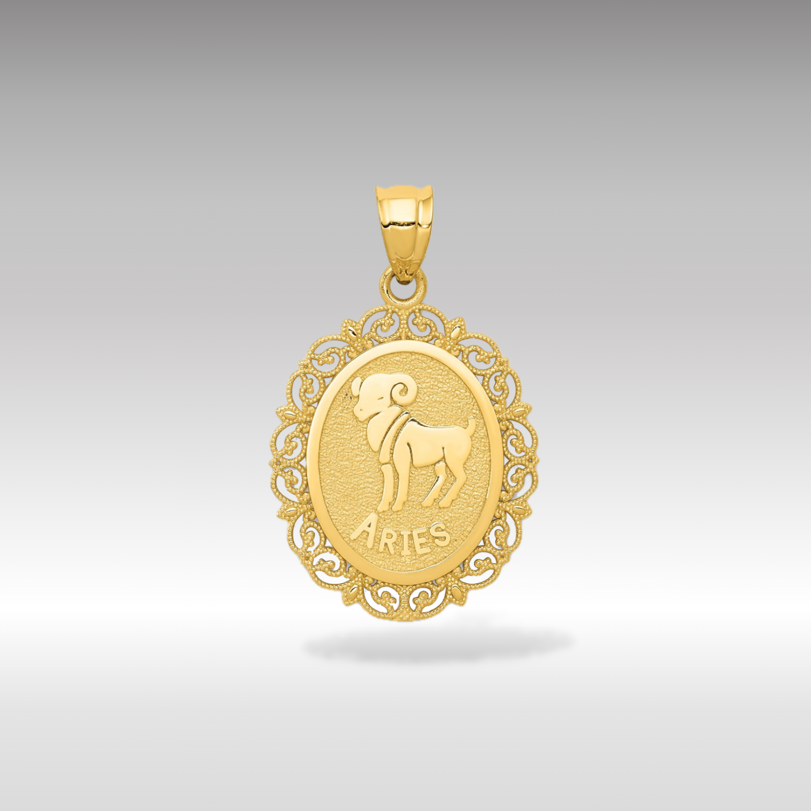 14K Gold Satin Polished Aries Zodiac Oval Pendant - Charlie & Co. Jewelry