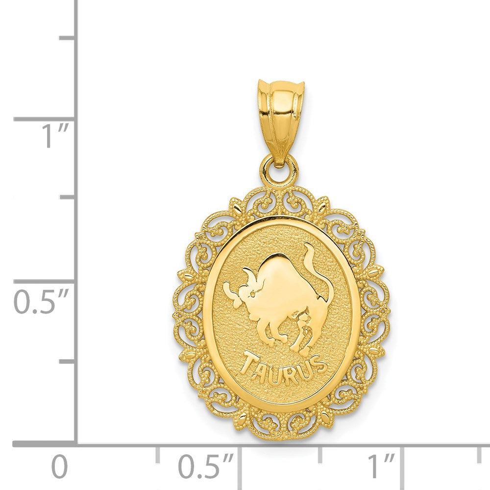 14K Gold Satin Polished Taurus Zodiac Oval Pendant - Charlie & Co. Jewelry