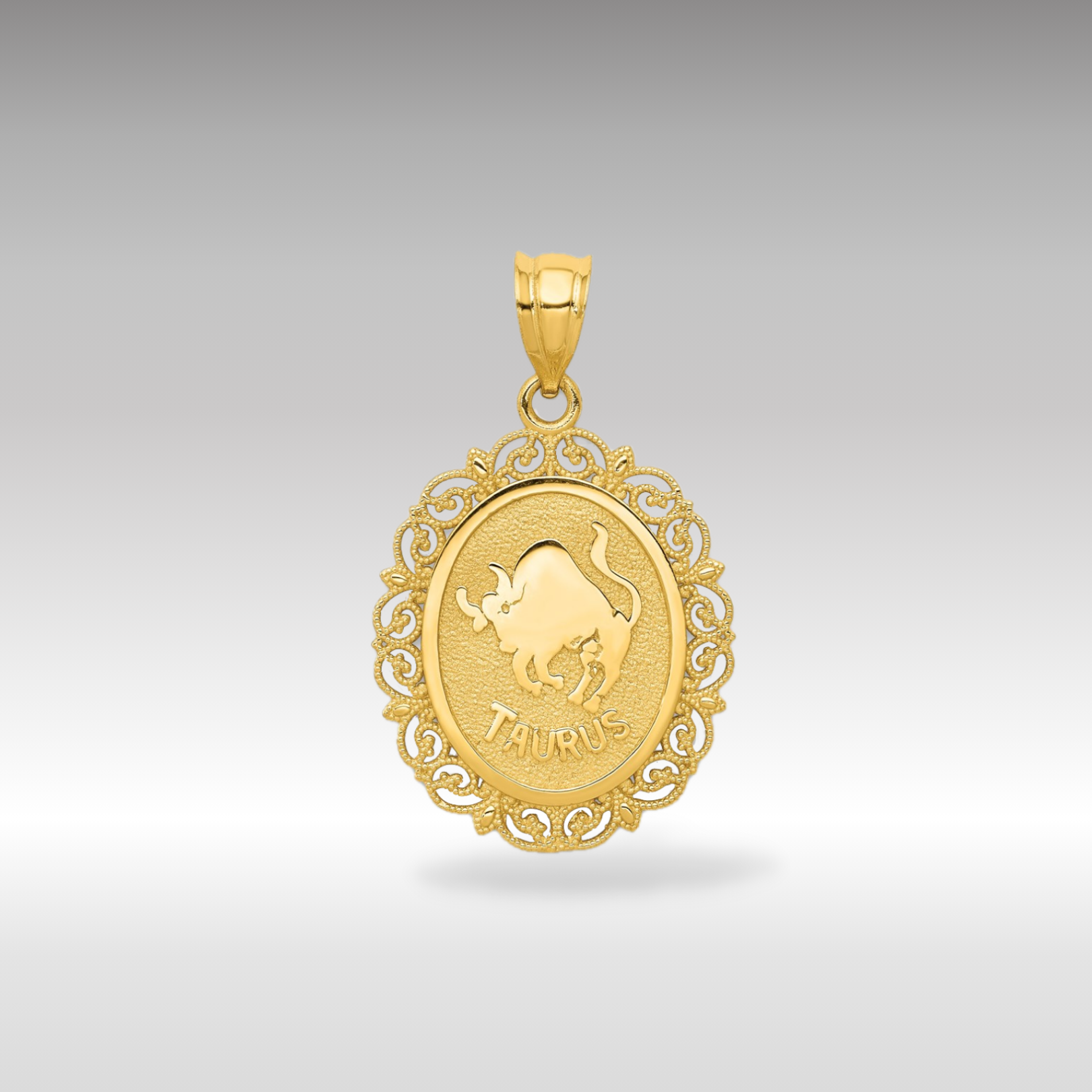14K Gold Satin Polished Taurus Zodiac Oval Pendant - Charlie & Co. Jewelry