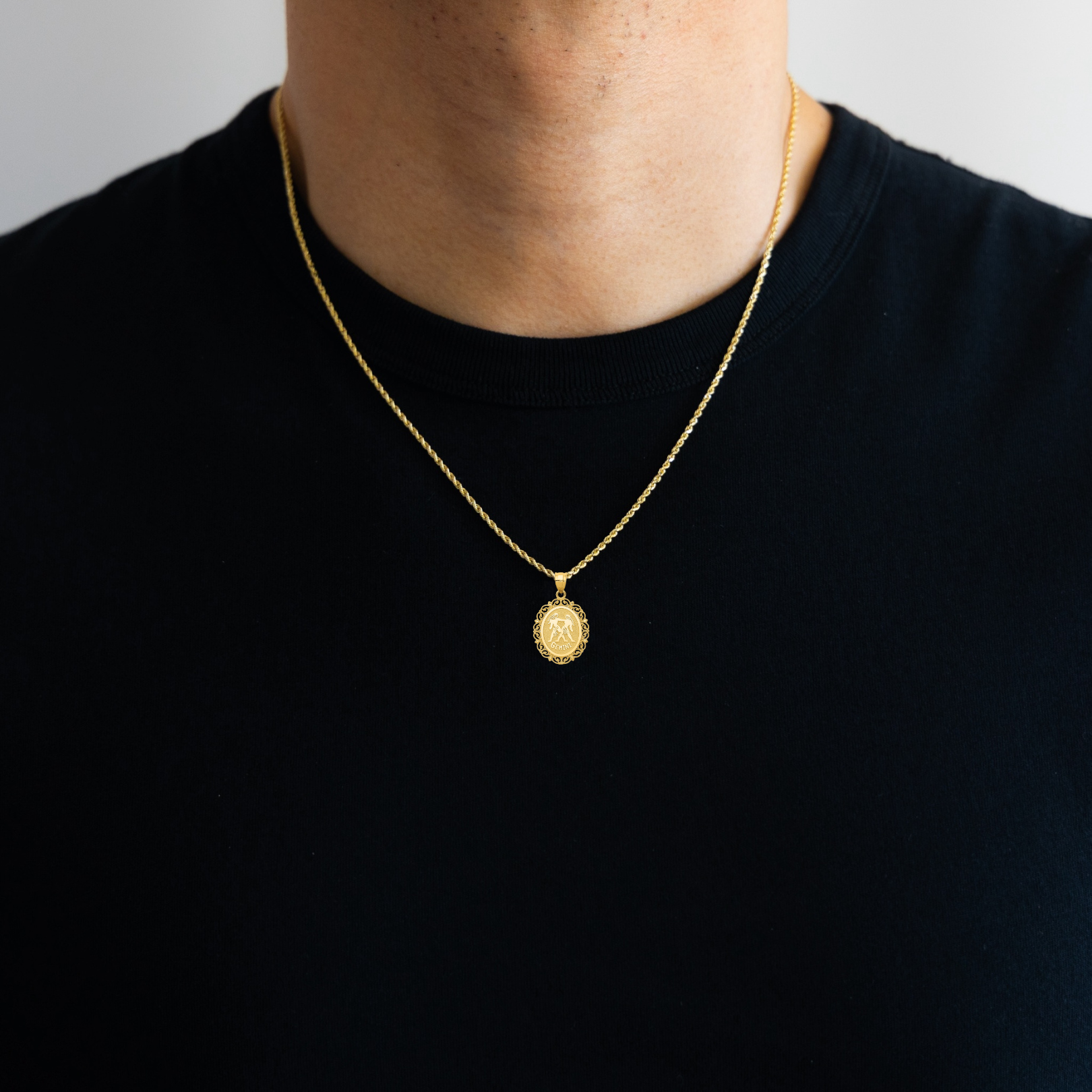 14K Gold Satin Polished Gemini Zodiac Oval Pendant - Charlie & Co. Jewelry