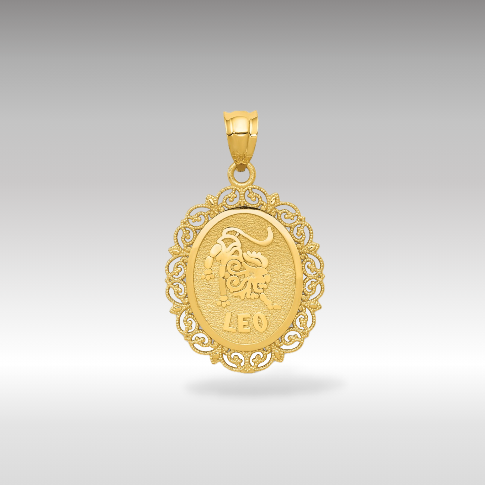 14K Gold Satin Polished Leo Zodiac Oval Pendant - Charlie & Co. Jewelry