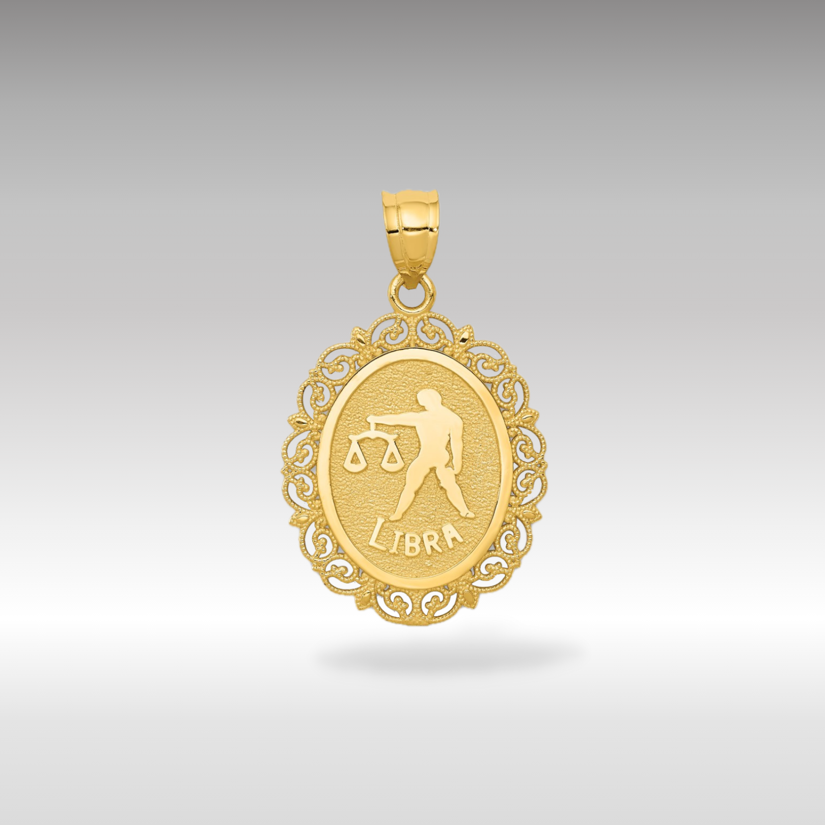 14K Gold Satin Polished Libra Zodiac Oval Pendant - Charlie & Co. Jewelry