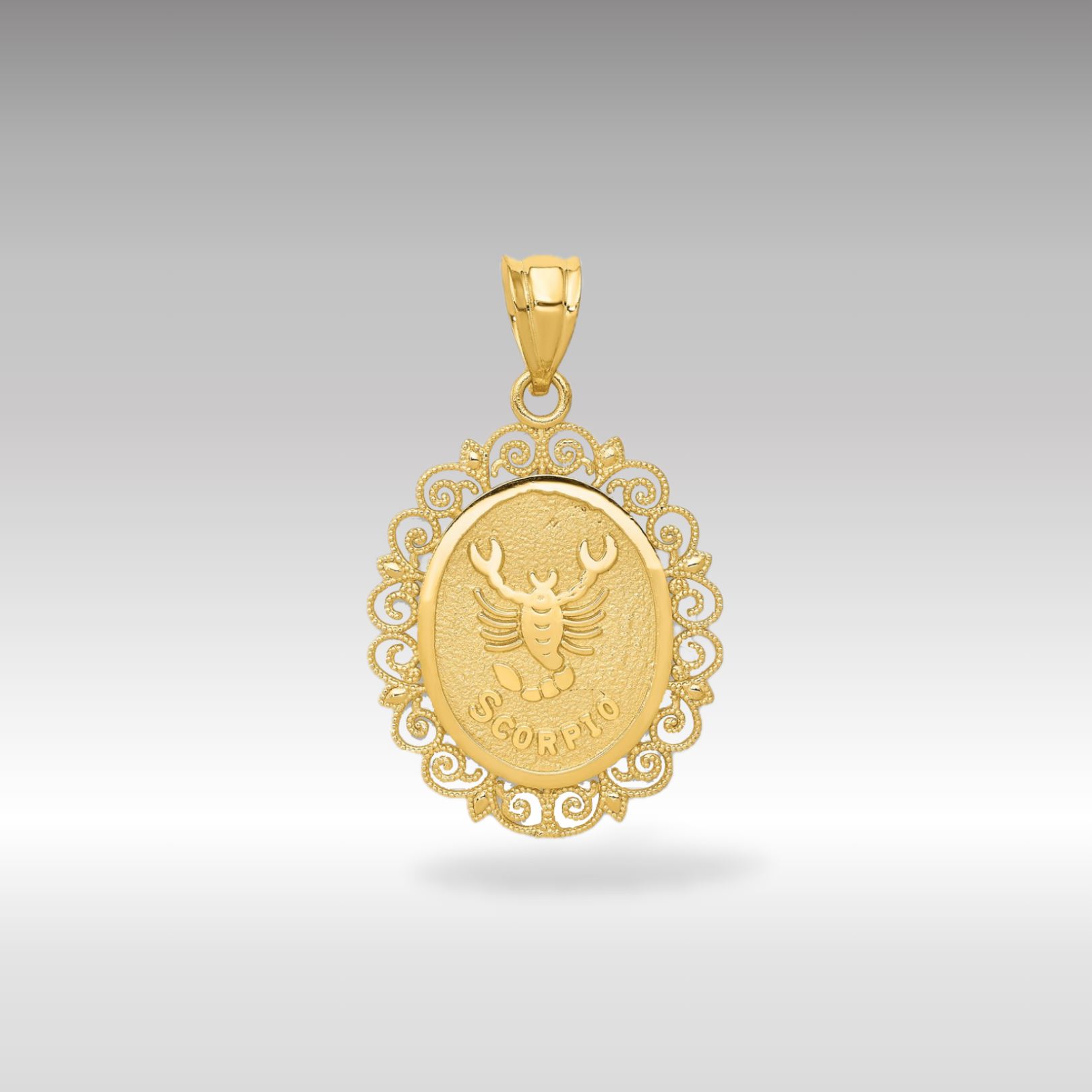 14K Gold Satin Polished Scorpio Zodiac Oval Pendant - Charlie & Co. Jewelry