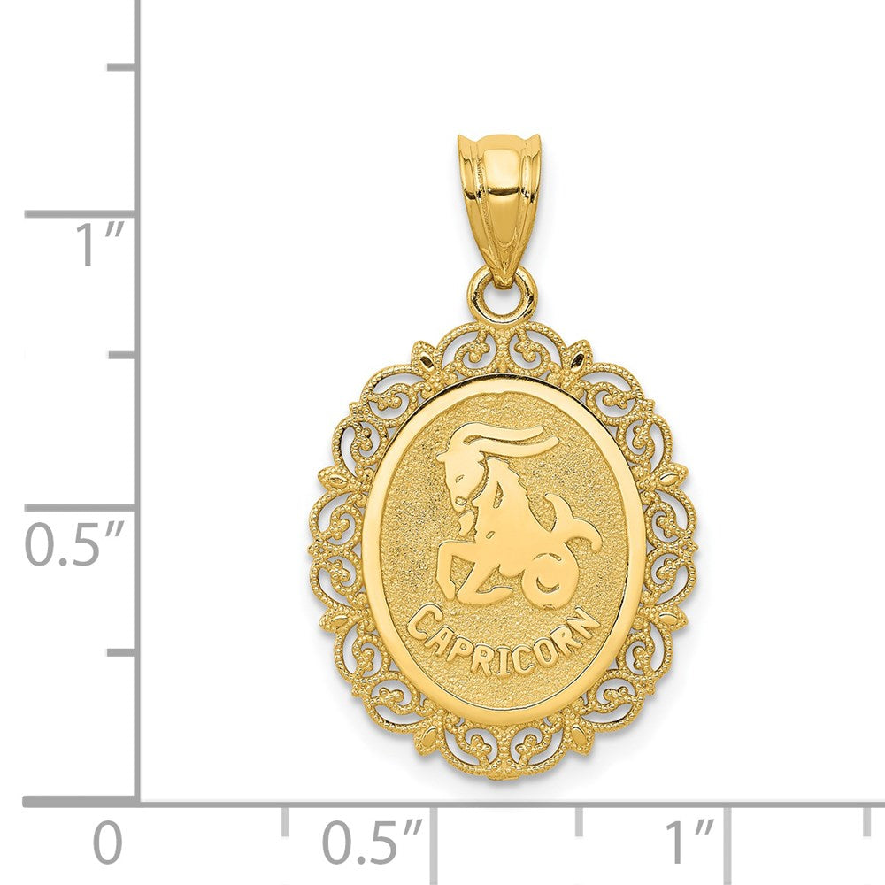 14K Gold Satin Polished Capricorn Zodiac Oval Pendant - Charlie & Co. Jewelry