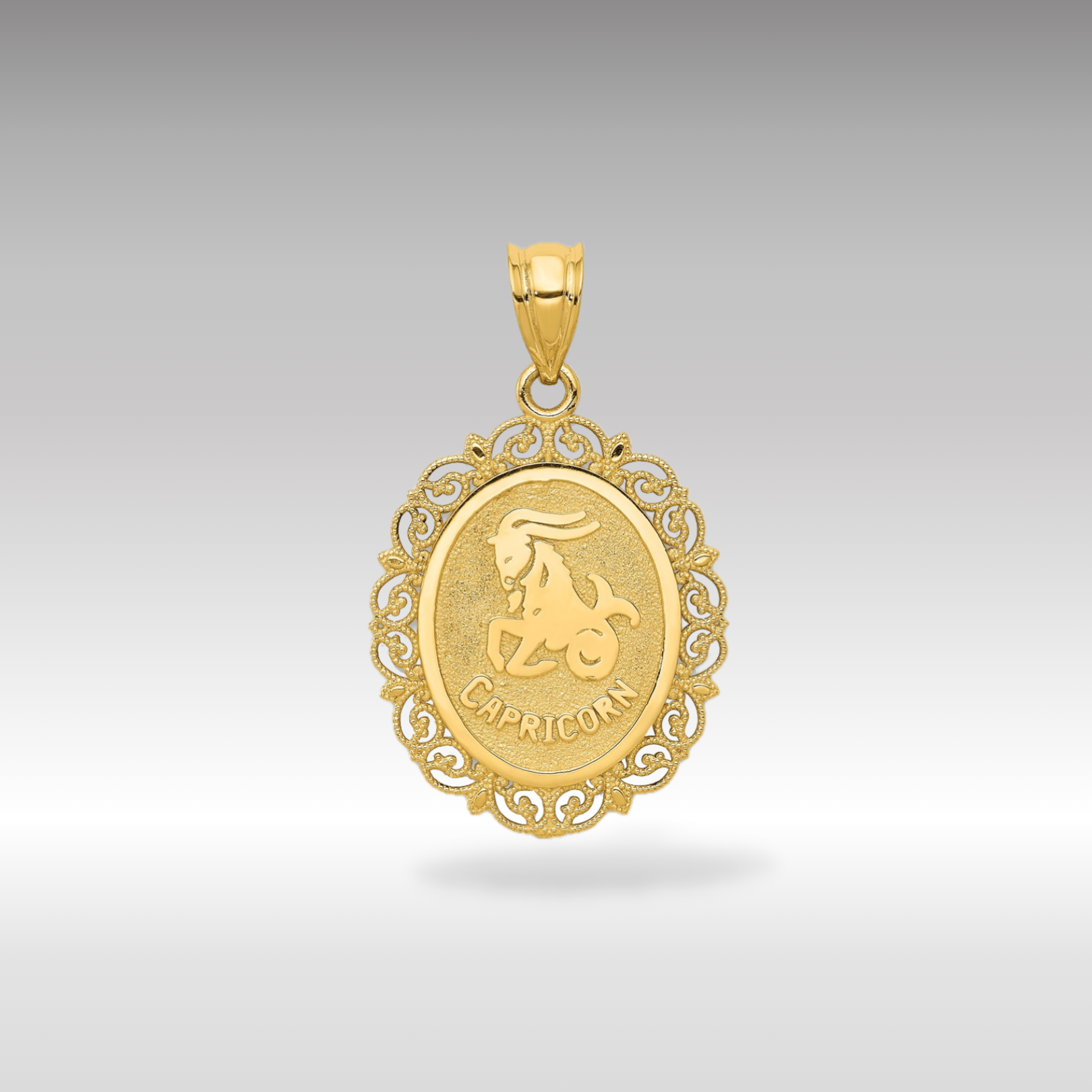 14K Gold Satin Polished Capricorn Zodiac Oval Pendant - Charlie & Co. Jewelry