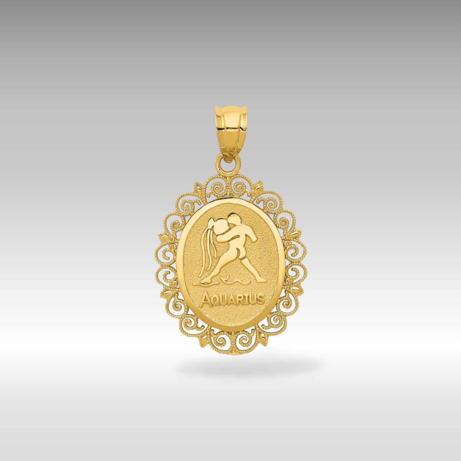 14K Gold Satin Polished Aquarius Zodiac Oval Pendant - Charlie & Co. Jewelry