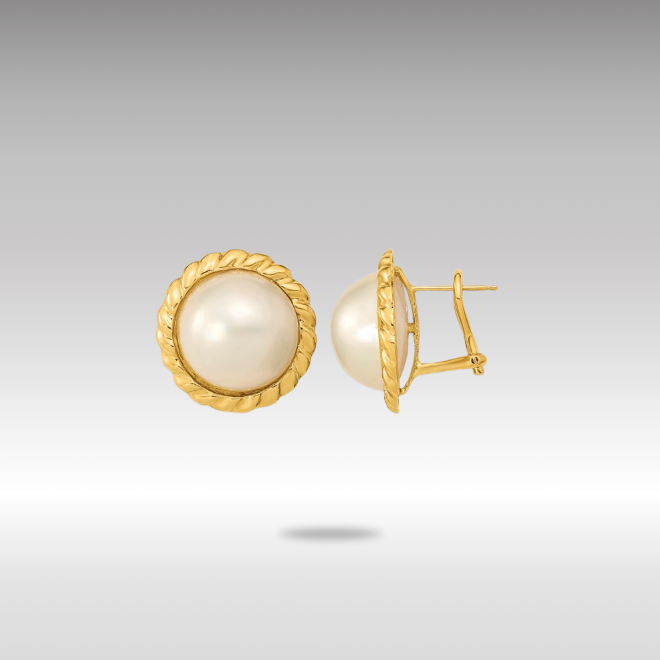 14K Gold 13-14mm White Mabe Saltwater Cultured Pearl Omega Back Earrings - Model XMP97