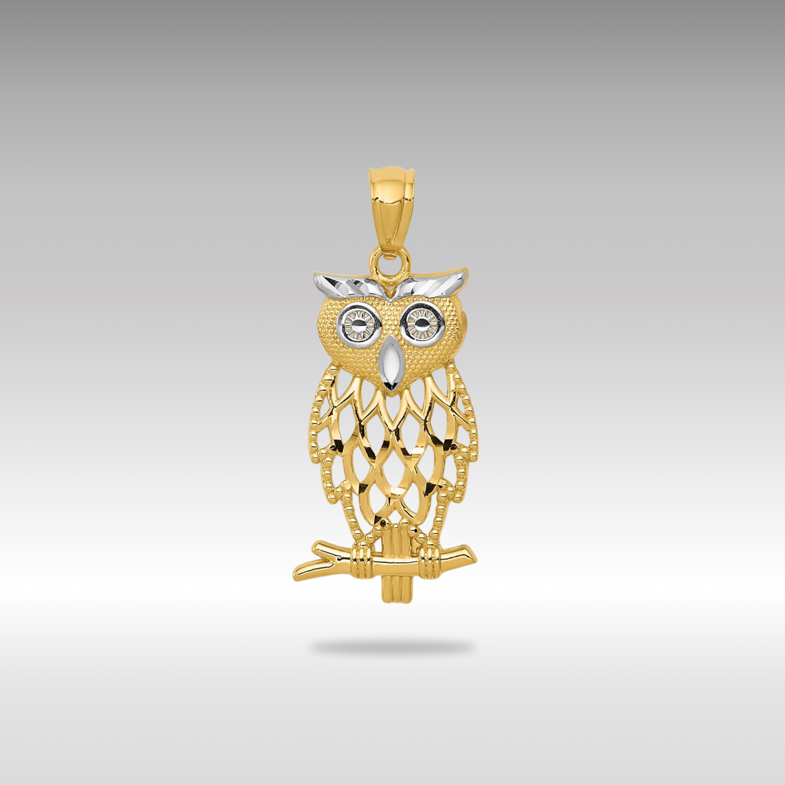 Yellow and White Gold Owl Pendant Necklace Model-C4496 - Charlie & Co. Jewelry