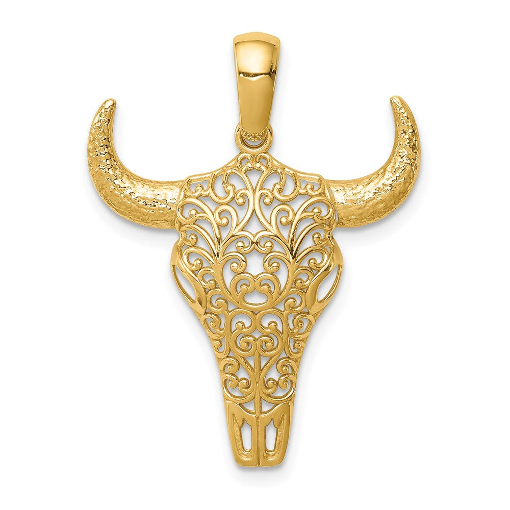 14k Gold Filigree Steer Skull Necklace Pendant - Charlie & Co. Jewelry