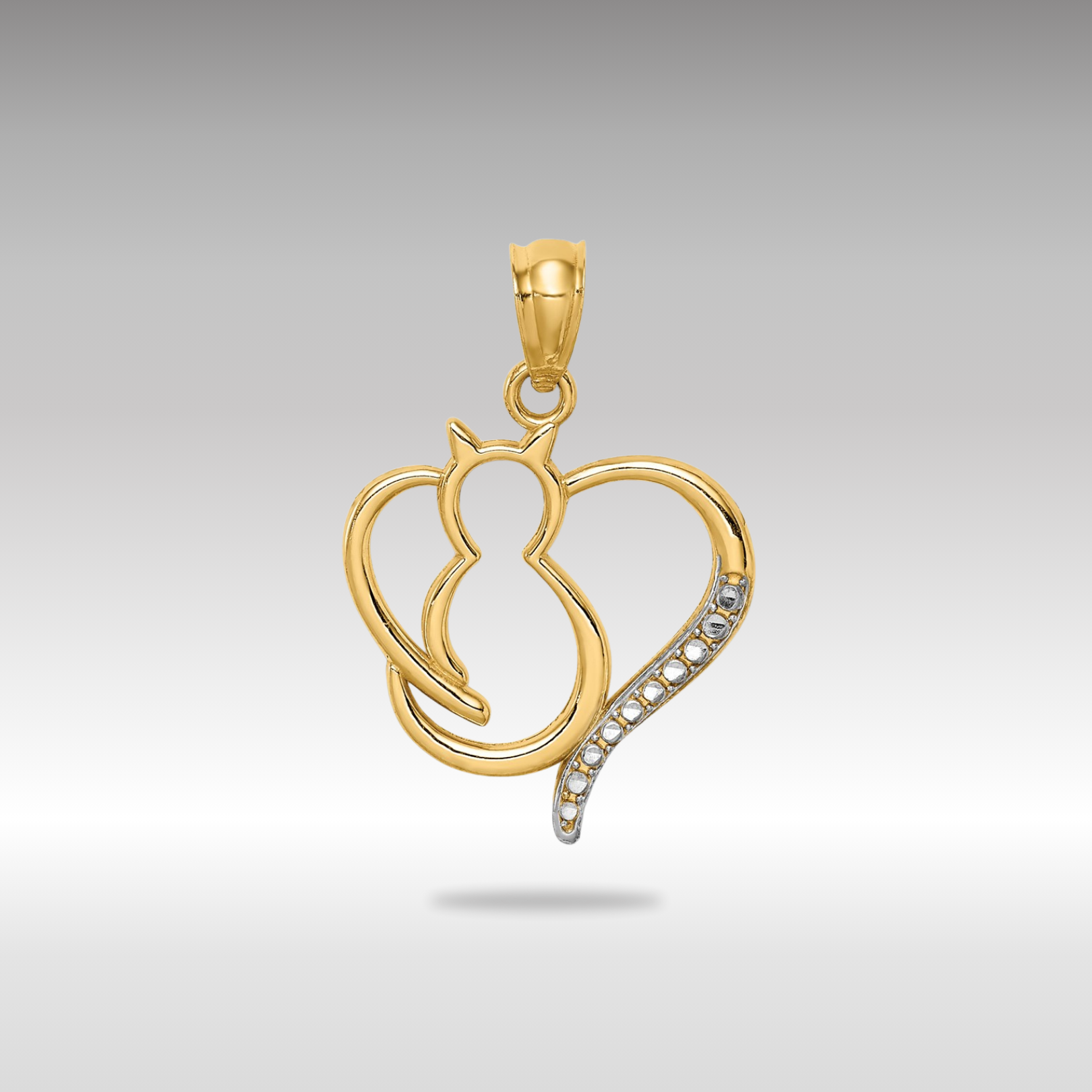 Yellow Gold & White Rhodium Cat in Heart Necklace Pendant - Charlie & Co. Jewelry