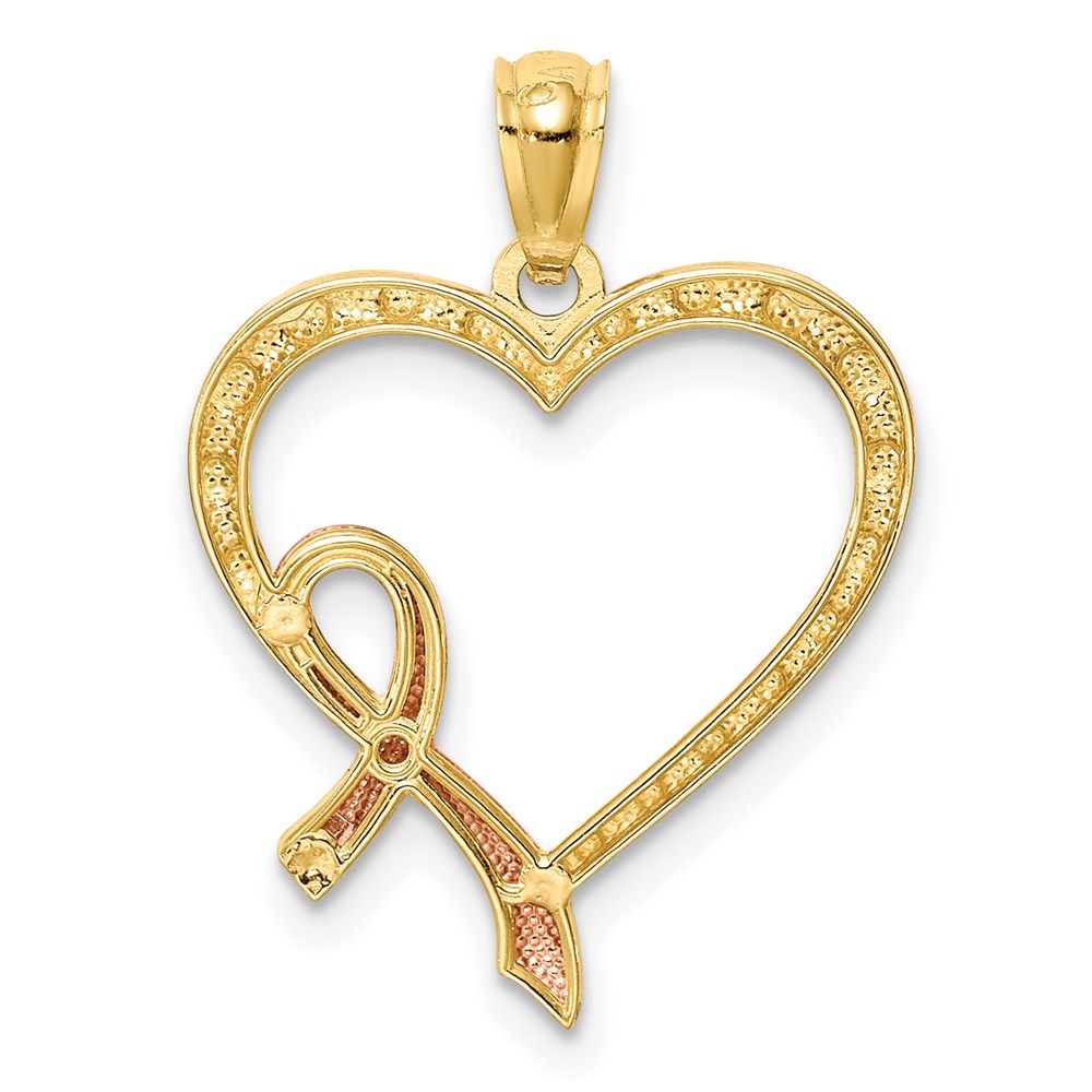 14K Gold With Rose Gold Pink Ribbon Heart Necklace - Charlie & Co. Jewelry