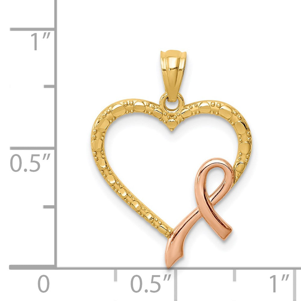 14K Gold With Rose Gold Pink Ribbon Heart Necklace - Charlie & Co. Jewelry