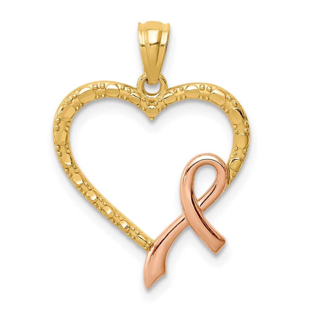 14K Gold With Rose Gold Pink Ribbon Heart Necklace - Charlie & Co. Jewelry