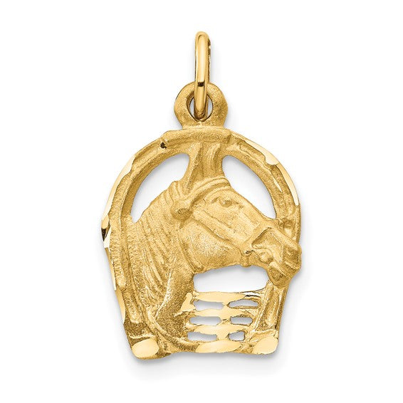 14k Gold Diamond-Cut Horse Head in Horseshoe Necklace Pendant - Charlie & Co. Jewelry