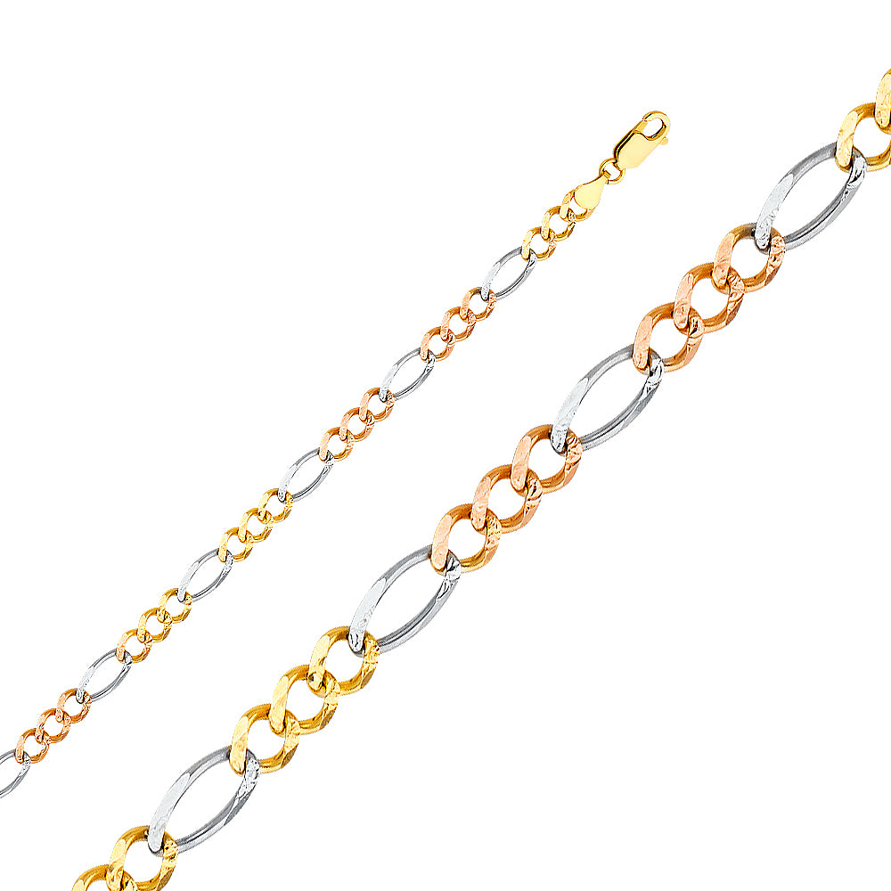 14k Gold 5.5mm Three-Tone Figaro Concave 7.5 Inch Bracelet - Model CH-0359