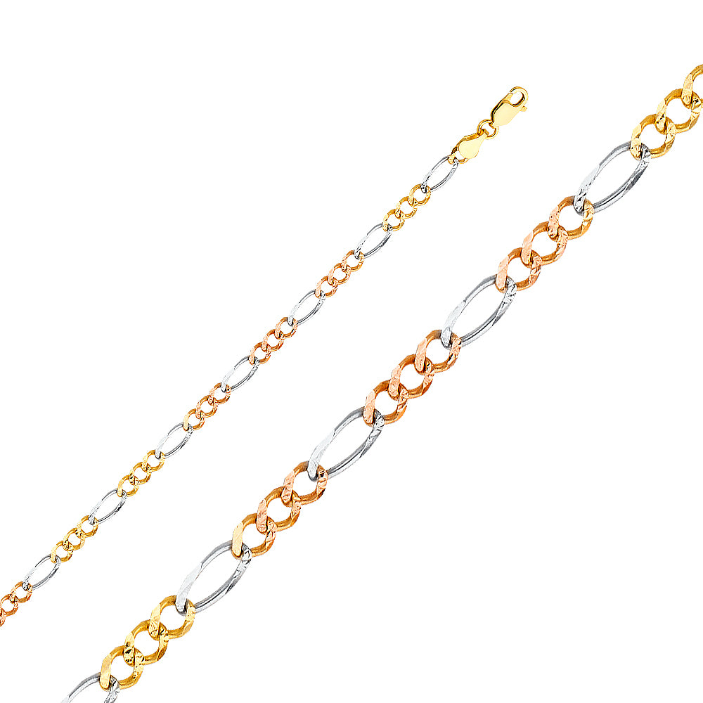 14k Gold 4.6mm Three-Tone Concave Figaro 7.5 Inch Bracelet - Model CH-0360