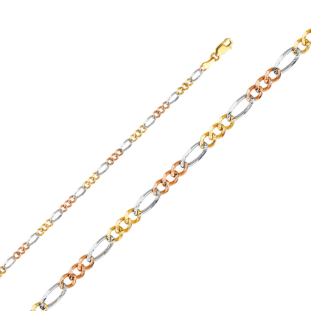 14k Gold 3.7mm Three-Tone Concave Figaro 7 Inch Bracelet - Model CH-0361