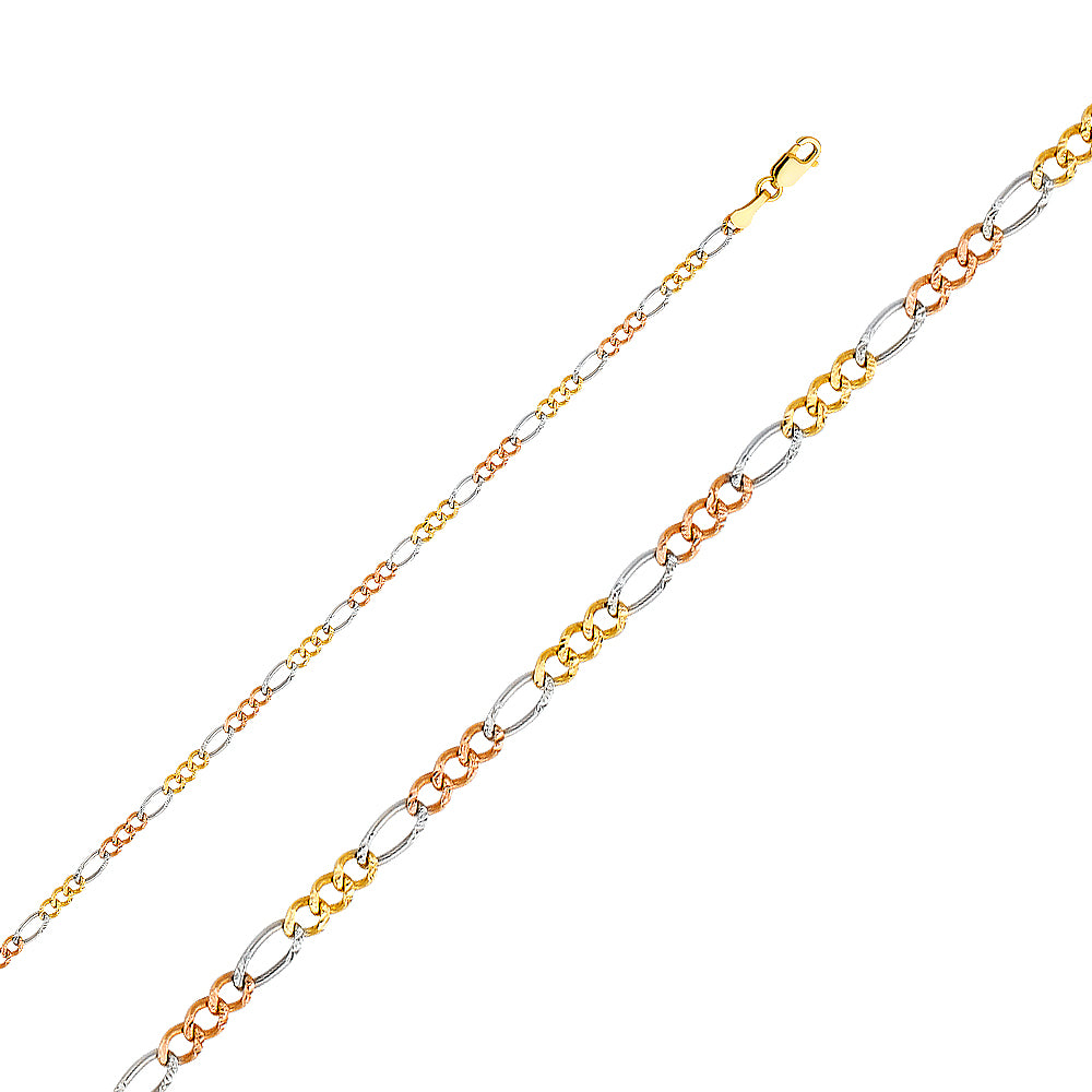 14k Gold 2.6mm Three-Tone Concave Figaro 7 Inch Bracelet - Model CH-0362
