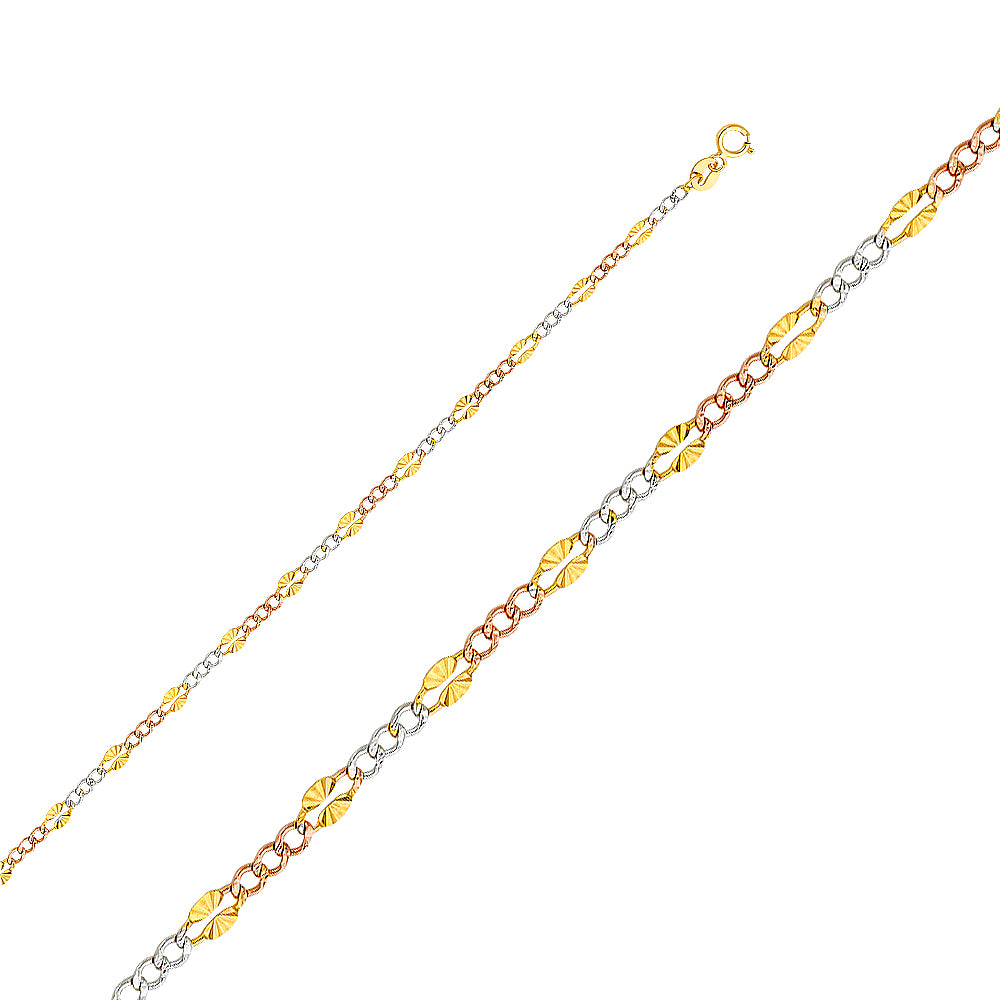 14k Gold 3.2mm Three-Tone Stamp Figaro Diamond-Cut Chain - Model CH-0368