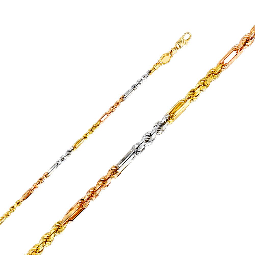 14k Gold 3mm Three-Tone Figarope 8 Inch Bracelet - Model CH-0399