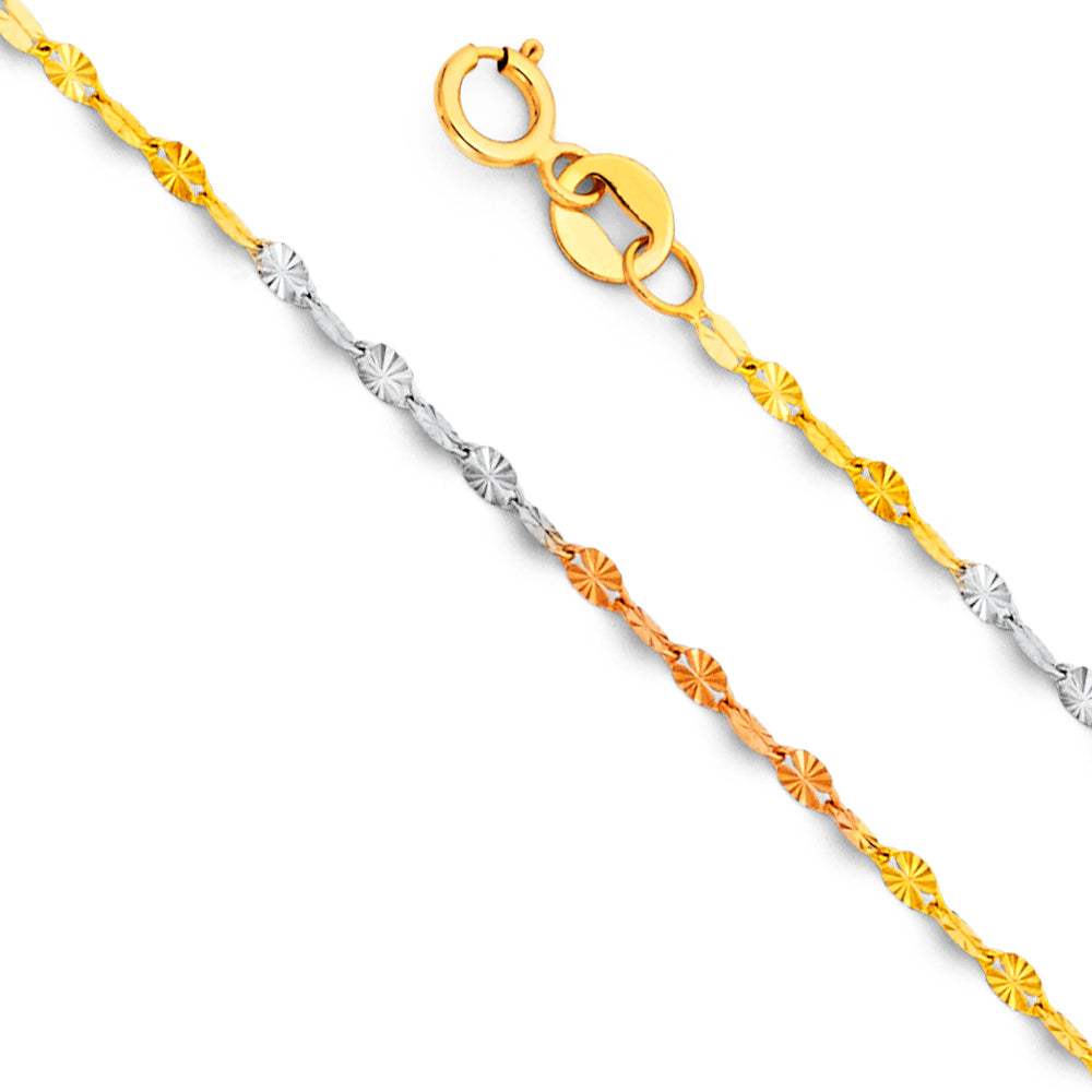 14k Gold 1.7mm Three-Tone Plated Stamp Mirror Star Diamond-Cut Chain - Model CH-0475