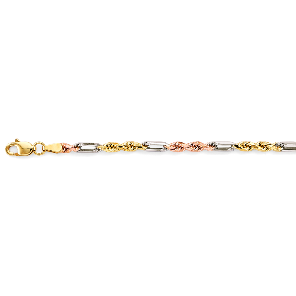 14k Tri-Color 3mm Hollow Figaro Rope Chain - Model CH-0606
