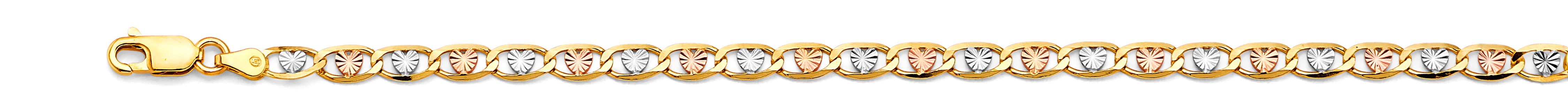 14k Gold Three-Tone 4.2mm Heart Valentino Star Diamond-Cut Bracelet 7.5 Inch - Model CH-0672