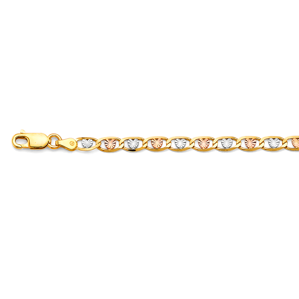 14k Gold Three-Tone 4.2mm Heart Valentino Star Diamond-Cut Bracelet 7.5 Inch - Model CH-0672